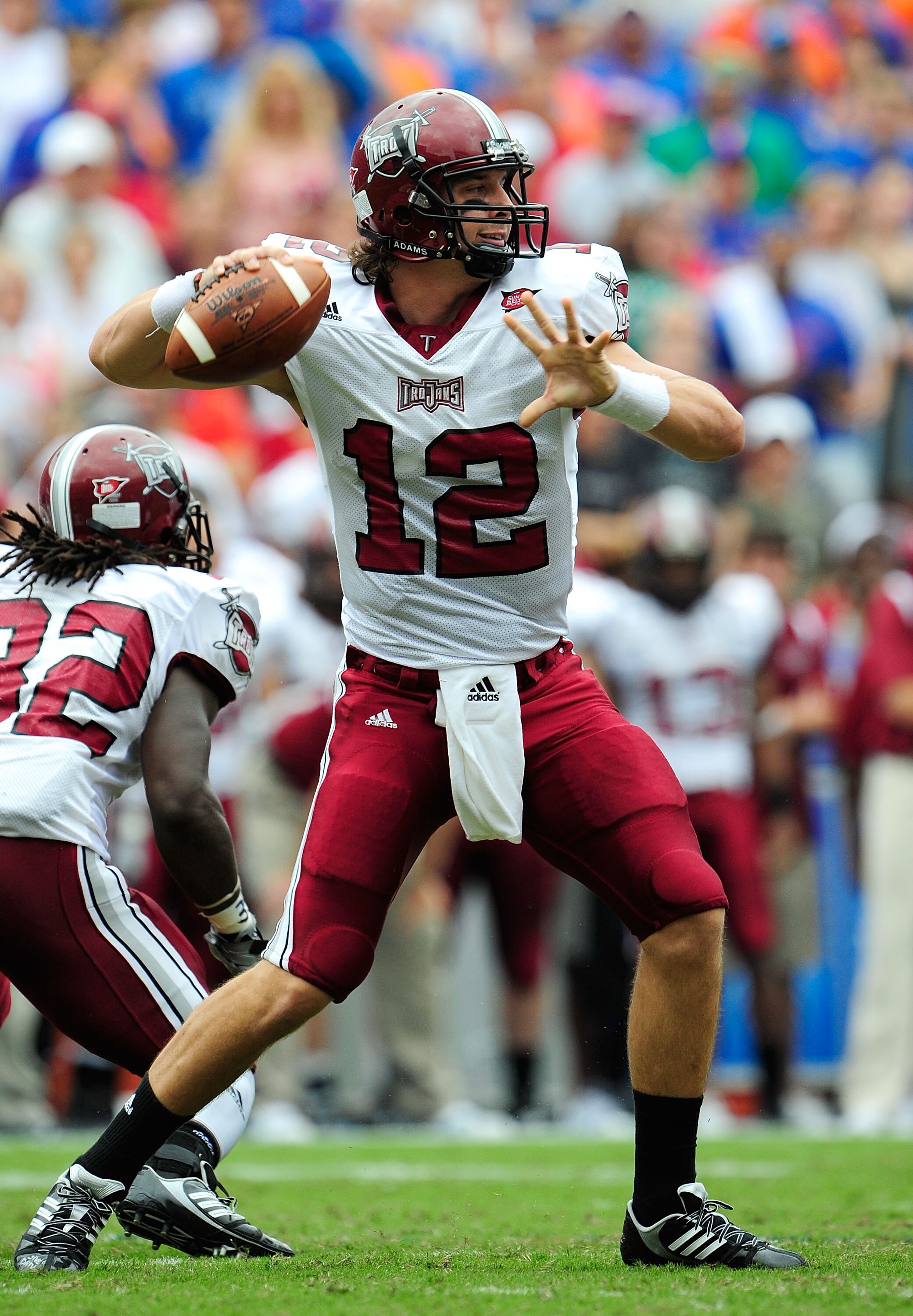 GAINESVILLE, FL - SEPTEMBER 12:  Levi Brown #12 of the Troy Trojans attempts a pass during the game against the Florida Gators at Ben Hill Griffin Stadium on September 12, 2009 in Gainesville, Florida.  (Photo by Sam Greenwood/Getty Images)