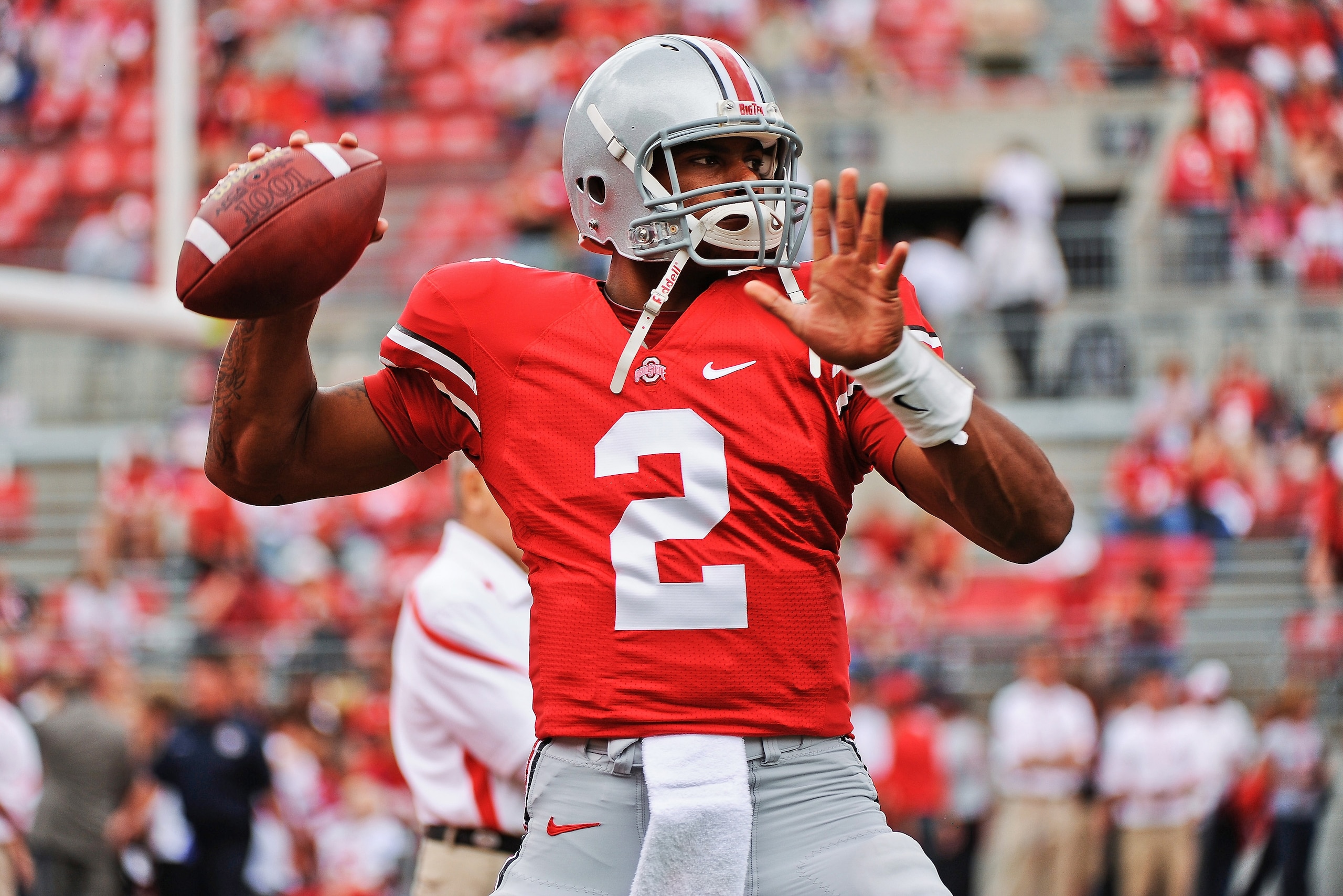 COLUMBUS, OH - SEPTEMBER 11:  Quarterback Terrelle Pryor #2 of the Ohio State Buckeyes warms up before a game against the Miami Hurricanes at Ohio Stadium on September 11, 2010 in Columbus, Ohio.  (Photo by Jamie Sabau/Getty Images)
