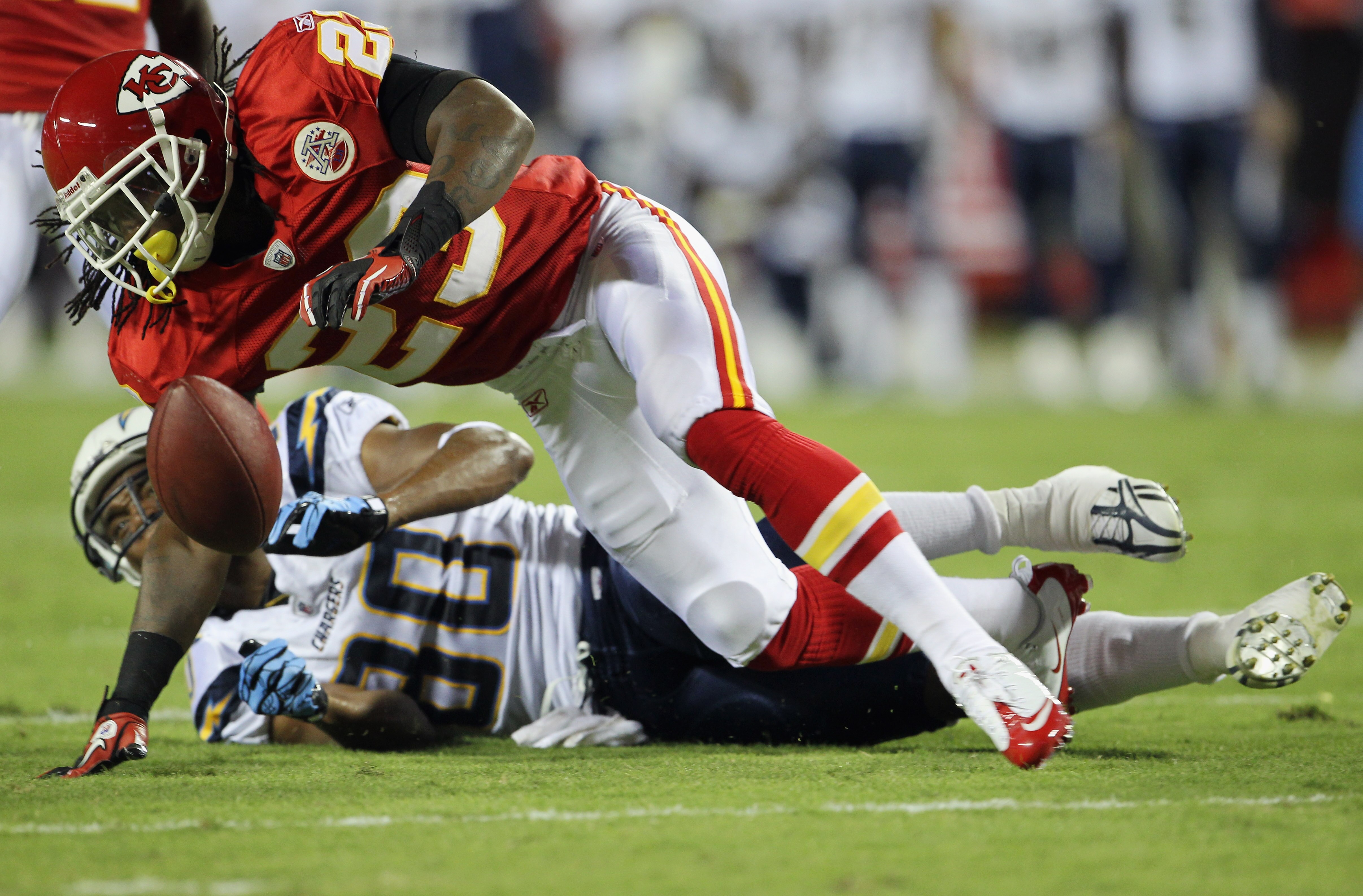 KANSAS CITY, MO - SEPTEMBER 13:  Kendrick Lewis #23 of the Kansas City Chiefs breaks up a pass intended for receiver Malcom Floyd #80 of the San Diego Chargers during the 1st quarter of the game on September 13, 2010 at Arrowhead Stadium in Kansas City, M