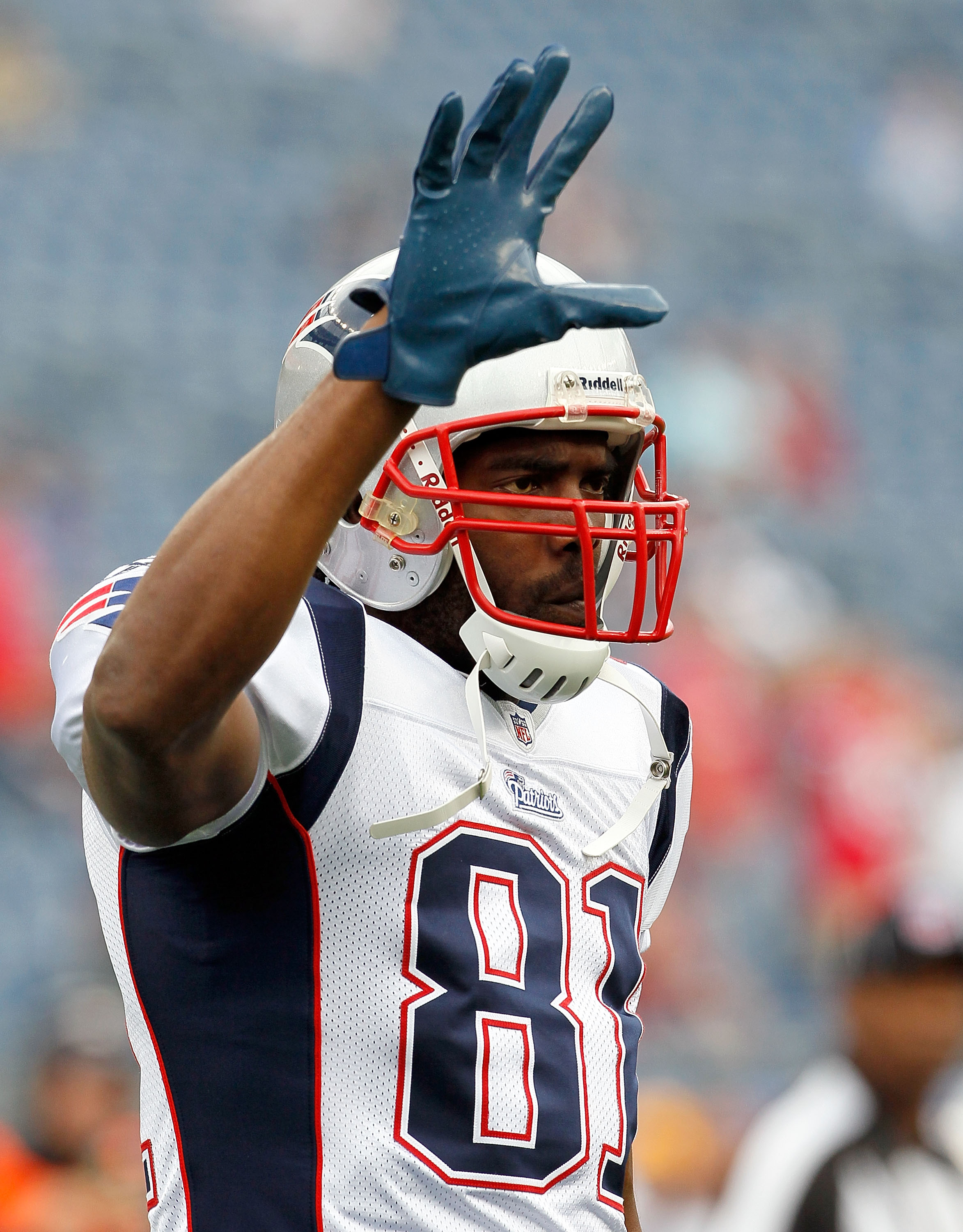 FOXBORO, MA - SEPTEMBER 12: Randy Moss #81 of the New England Patriots gestures before the NFL season opener against the Cincinnati Bengals at Gillette Stadium on September 12, 2010 in Foxboro, Massachusetts. (Photo by Jim Rogash/Getty Images)