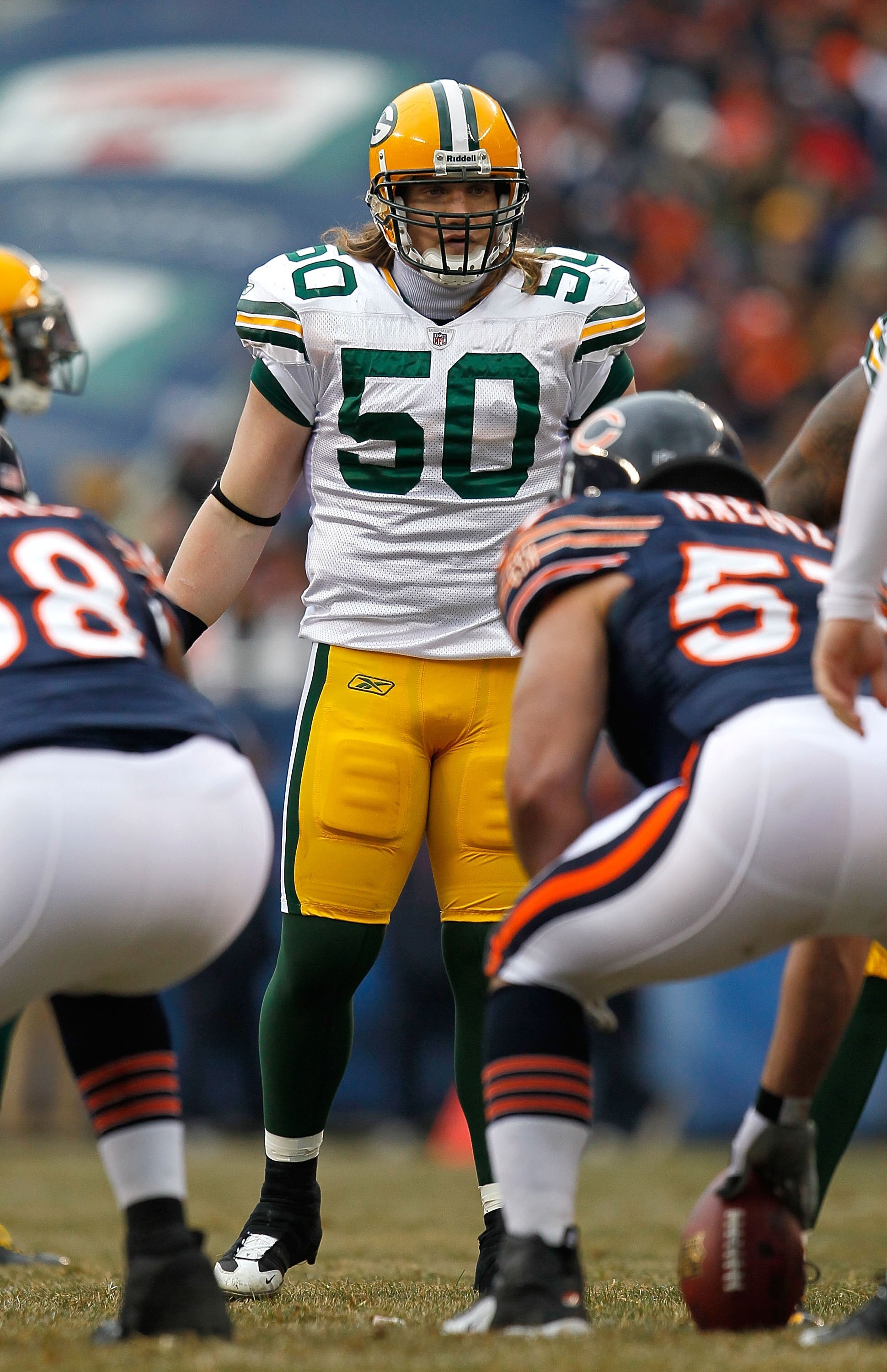 CHICAGO - DECEMBER 13: A.J. Hawk #50 of the Green Bay Packers awaits the start of play against the Chicago Bears at Soldier Field on December 13, 2009 in Chicago, Illinois. The Packers defeated the Bears 21-14. (Photo by Jonathan Daniel/Getty Images)