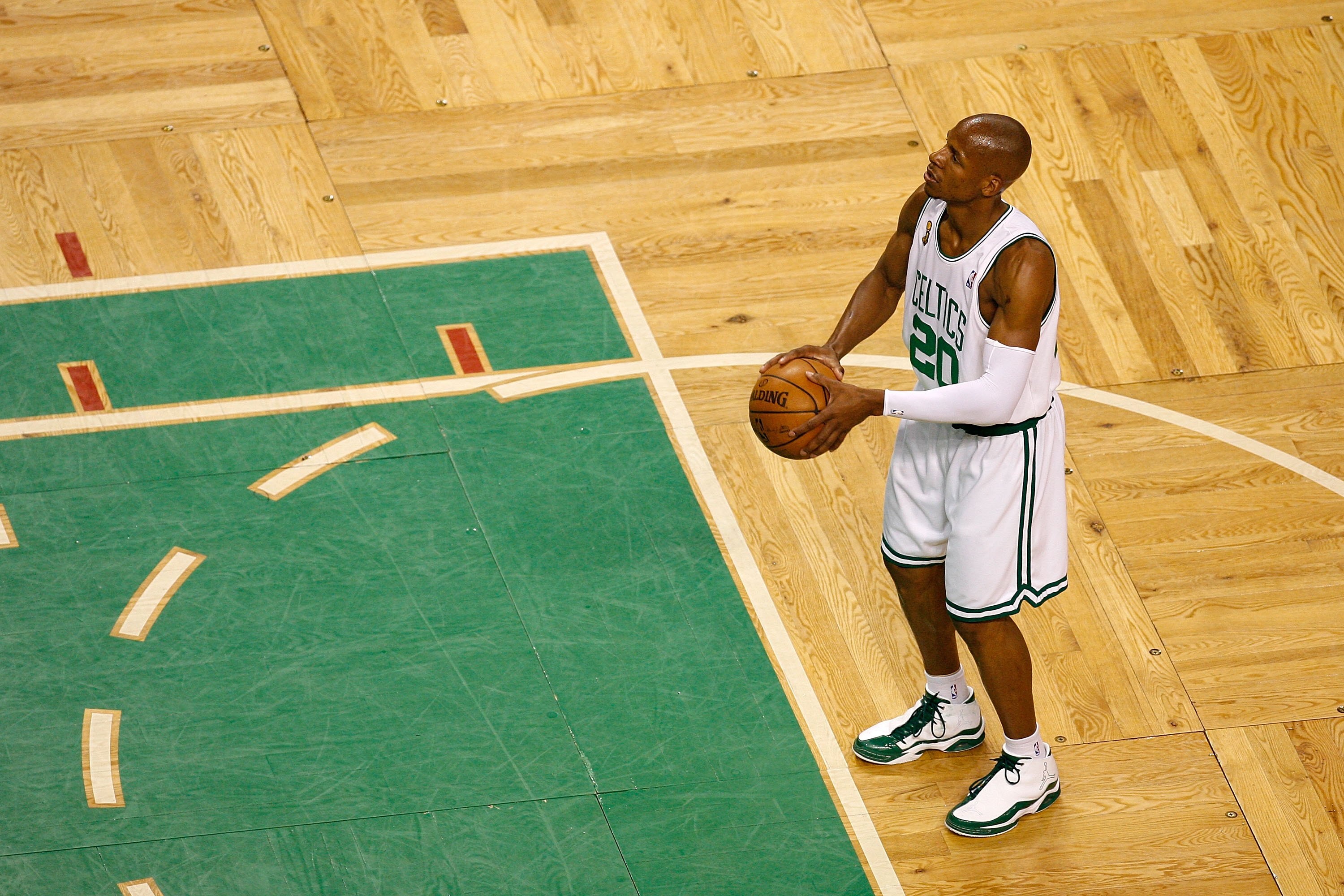 BOSTON - JUNE 17:  Ray Allen #20 of the Boston Celtics shoots a free throw while taking on the Los Angeles Lakers in Game Six of the 2008 NBA Finals on June 17, 2008 at TD Banknorth Garden in Boston, Massachusetts. NOTE TO USER: User expressly acknowledge