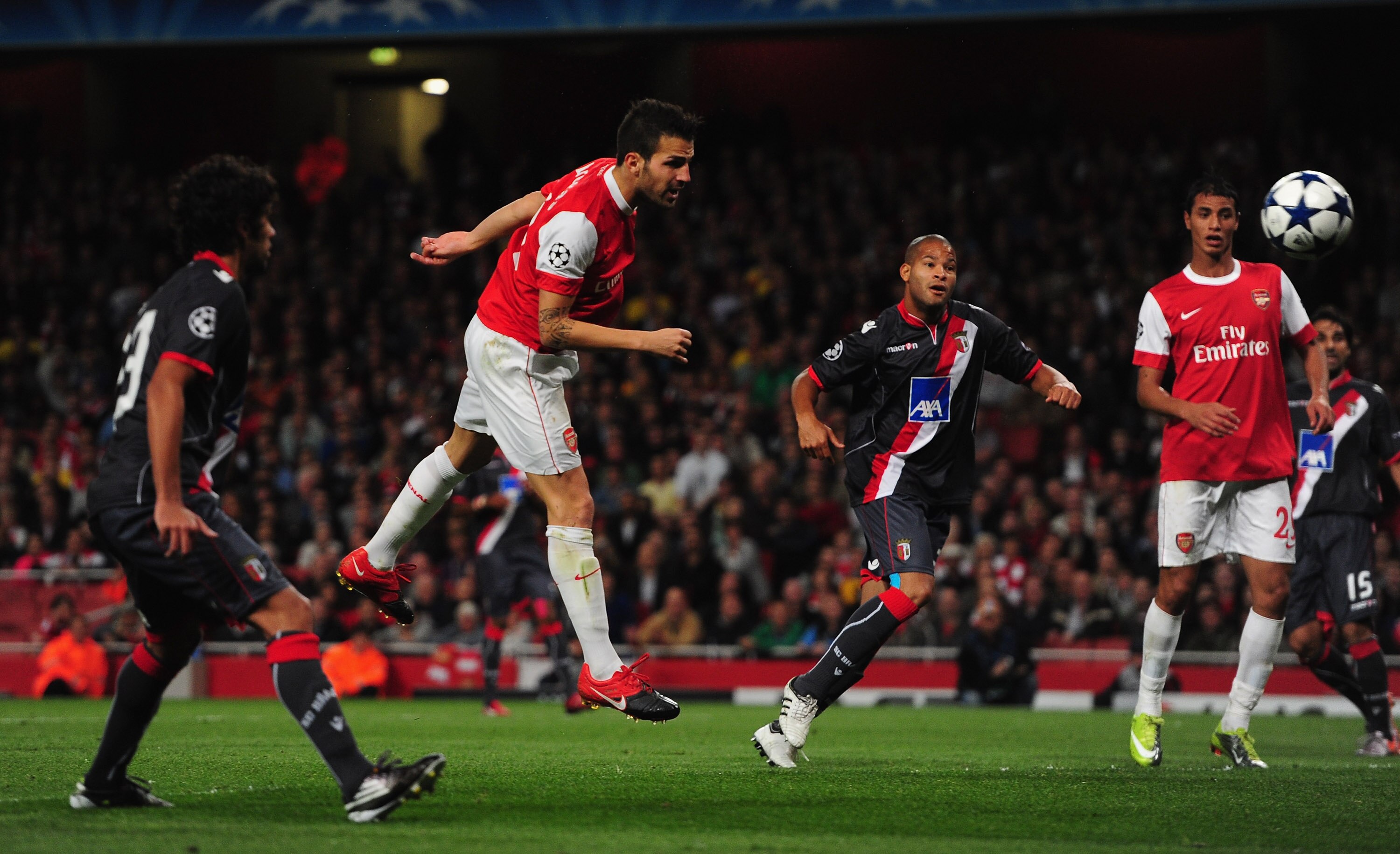 LONDON, ENGLAND - SEPTEMBER 15:  Cesc Fabregas of Arsenal heads his team's fourth goal  during the UEFA Champions League Group H match between Arsenal and SC Braga at the Emirates Stadium on September 15, 2010 in London, England.  (Photo by Mike Hewitt/Ge