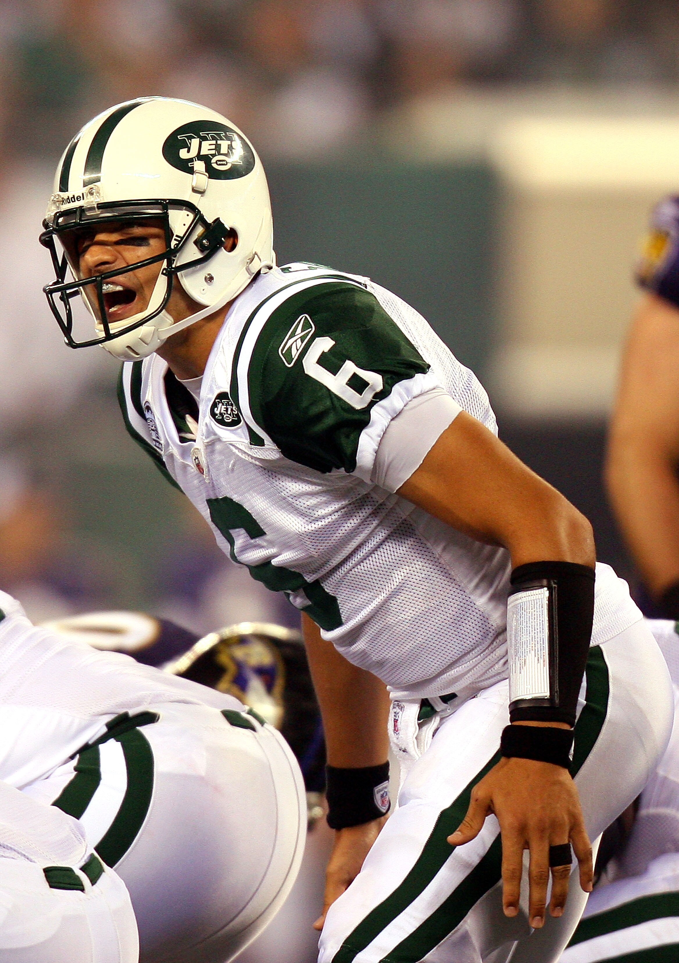 EAST RUTHERFORD, NJ - SEPTEMBER 13:  Mark Sanchez #6 of the New York Jets calls a play during their home opener against the Baltimore Ravens at the New Meadowlands Stadium on September 13, 2010 in East Rutherford, New Jersey.  (Photo by Andrew Burton/Gett