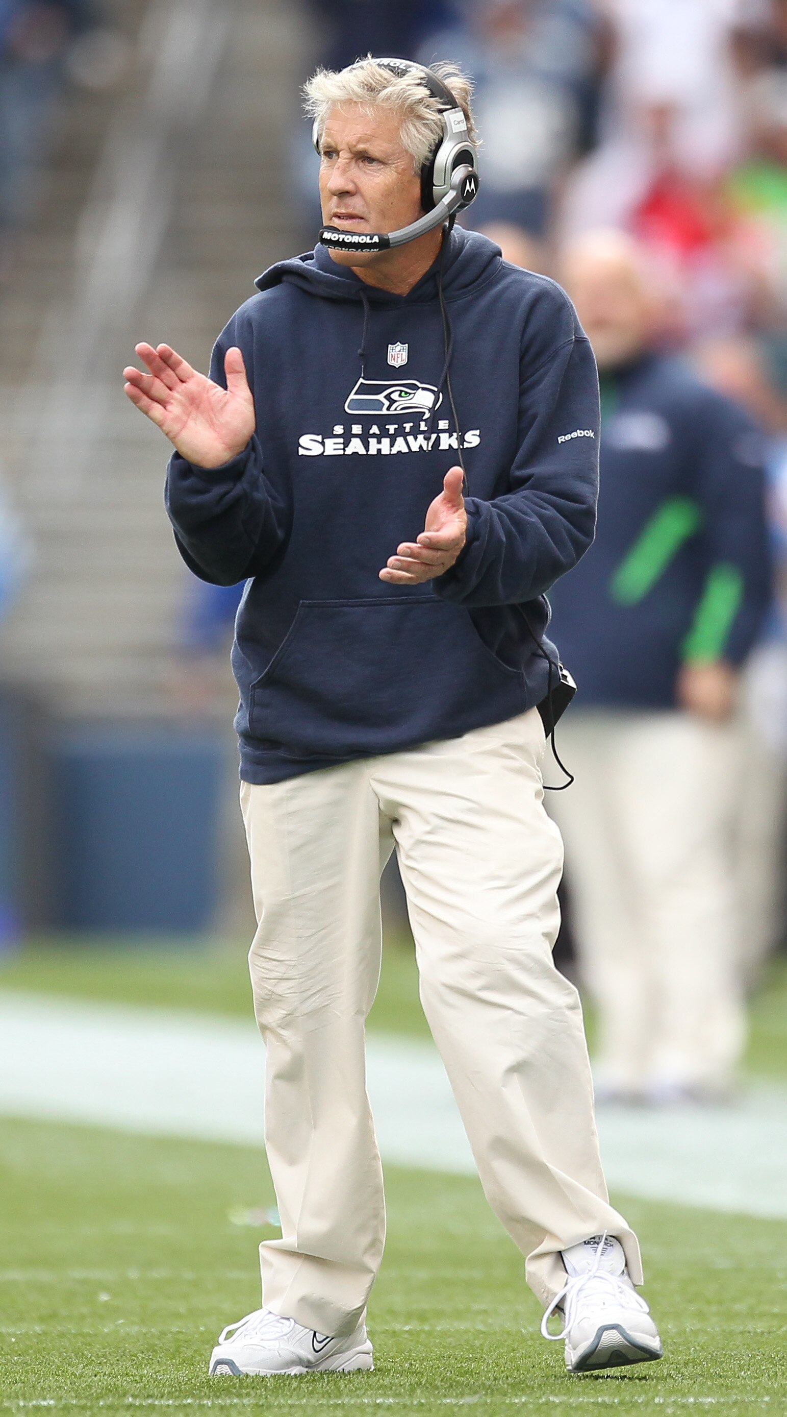 SEATTLE - SEPTEMBER 12:  Head coach Pete Carroll of the Seattle Seahawks looks on during the NFL season opener against the San Francisco 49ers at Qwest Field on September 12, 2010 in Seattle, Washington. (Photo by Otto Greule Jr/Getty Images)