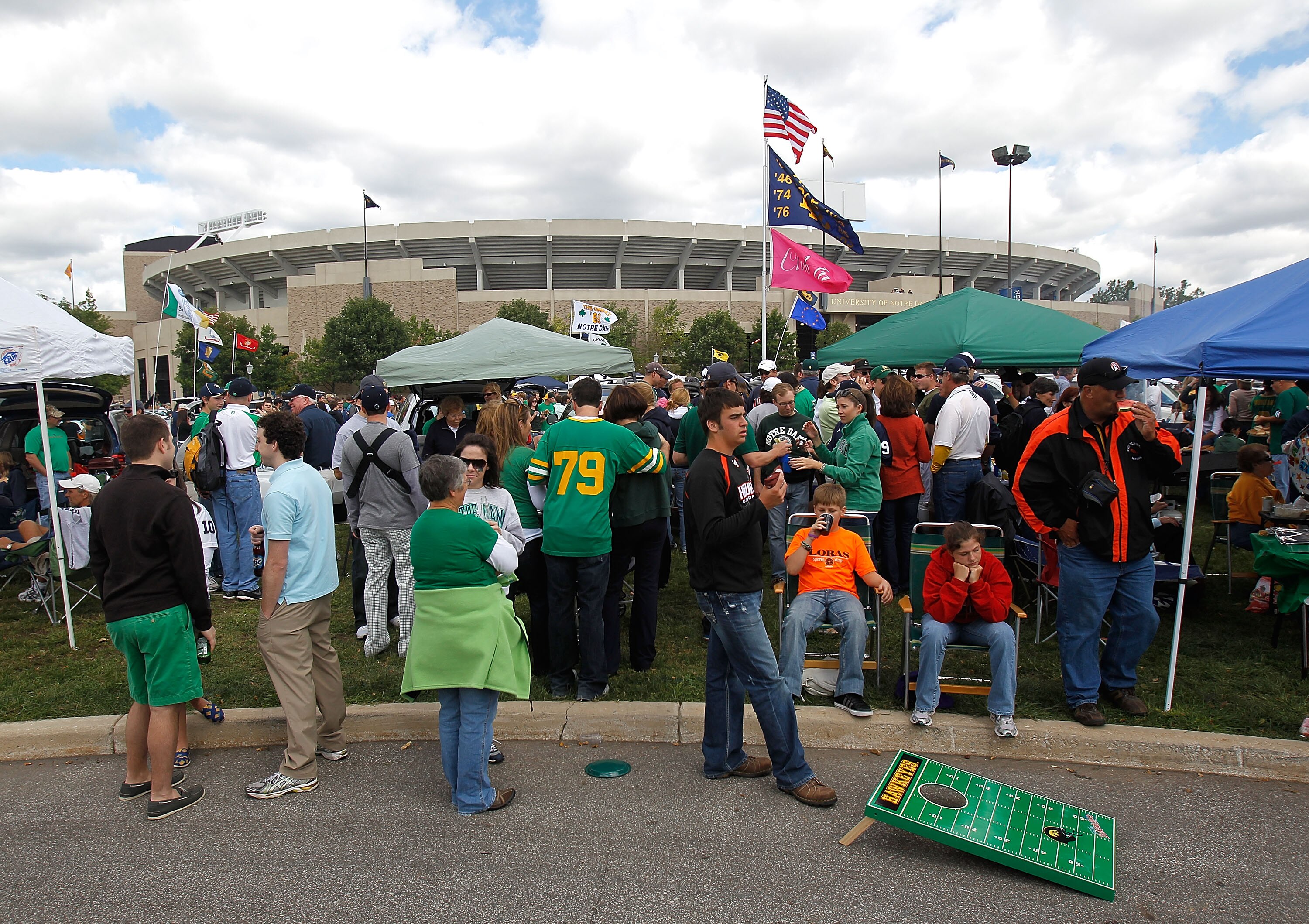 SOUTH BEND, IN - SEPTEMBER 04: Fans tailgate outside of Notre Dame Stadium before a game between the Notre Dame Fighting Irish and the Purdue Boilermakers at Notre Dame Stadium on September 4, 2010 in South Bend, Indiana. (Photo by Jonathan Daniel/Getty I