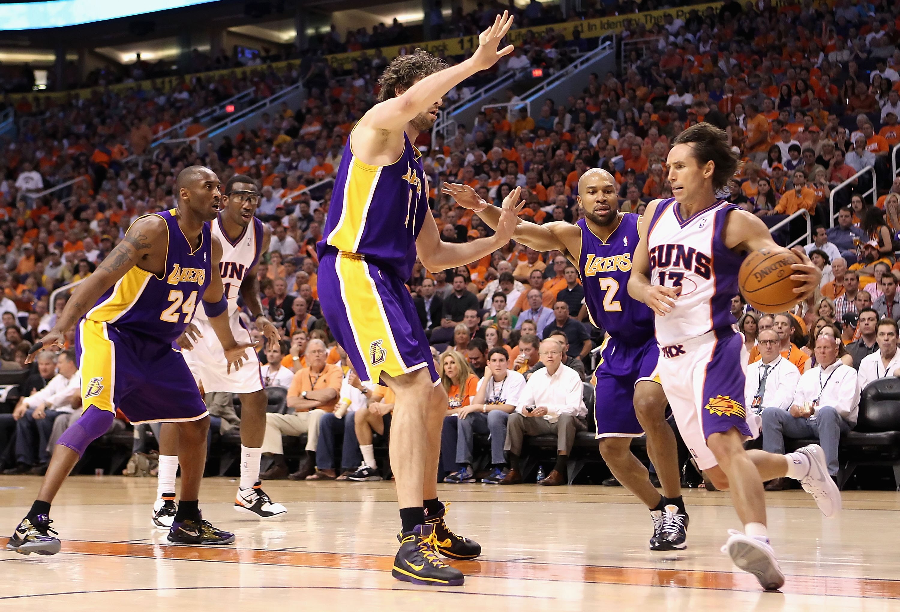PHOENIX - MAY 25:  Steve Nash #13 of the Phoenix Suns drives with the ball during Game Four of the Western Conference finals of the 2010 NBA Playoffs against the Los Angeles Lakers at US Airways Center on May 25, 2010 in Phoenix, Arizona. The Suns defeate