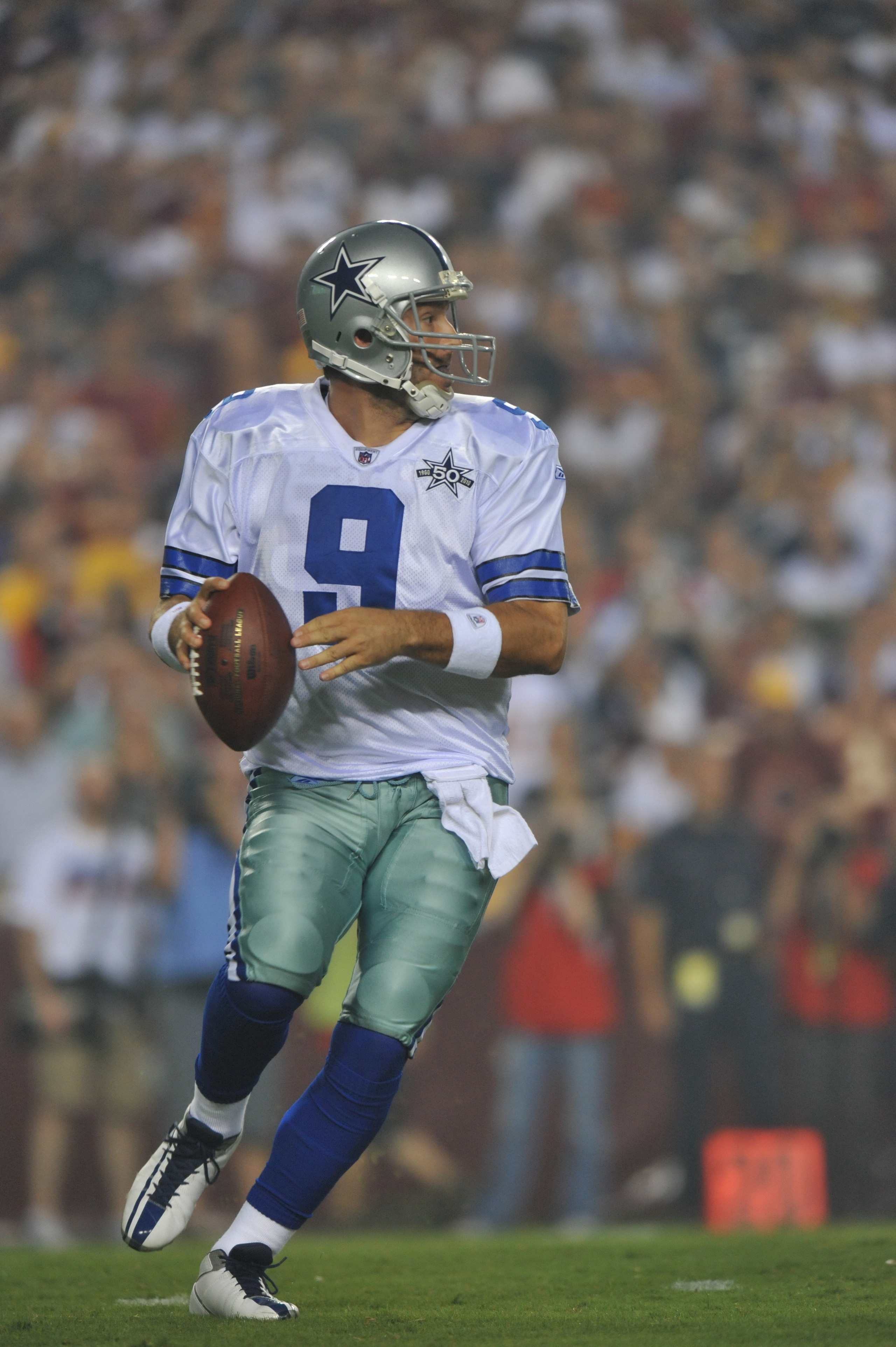 LANDOVER - SEPTEMBER 12:  Tony Romo #9 of the Dallas Cowboys passes during the NFL season opener against the Washington Redskins at FedExField on September 12, 2010 in Landover, Maryland. The Redskins defeated the Cowboys 13-7. (Photo by Larry French/Gett