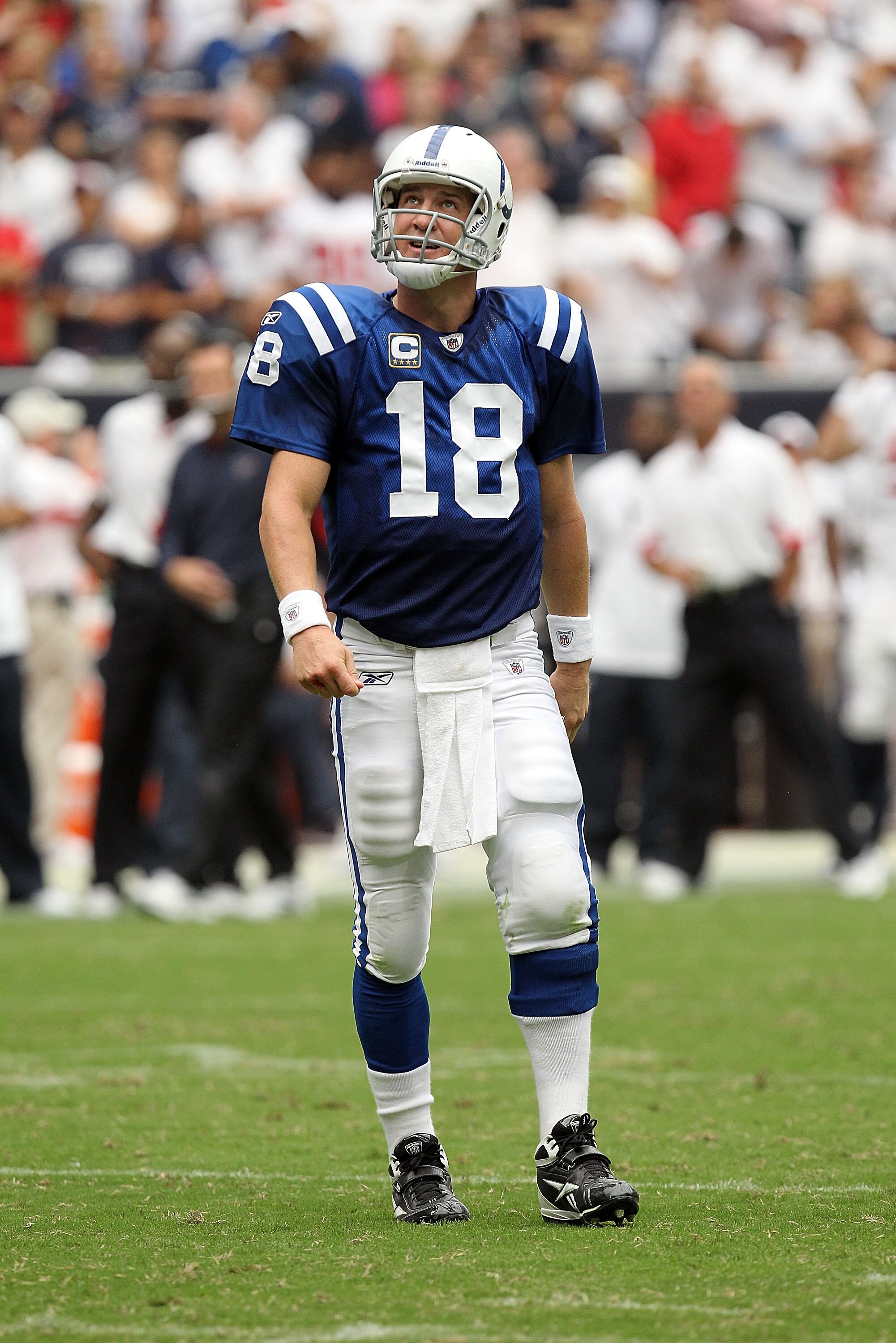 HOUSTON - SEPTEMBER 12:  Quarterback Peyton Manning #18 of the Indianapolis Colts in the NFL season opener against the Houston Texans at Reliant Stadium on September 12, 2010 in Houston, Texas.  (Photo by Ronald Martinez/Getty Images)