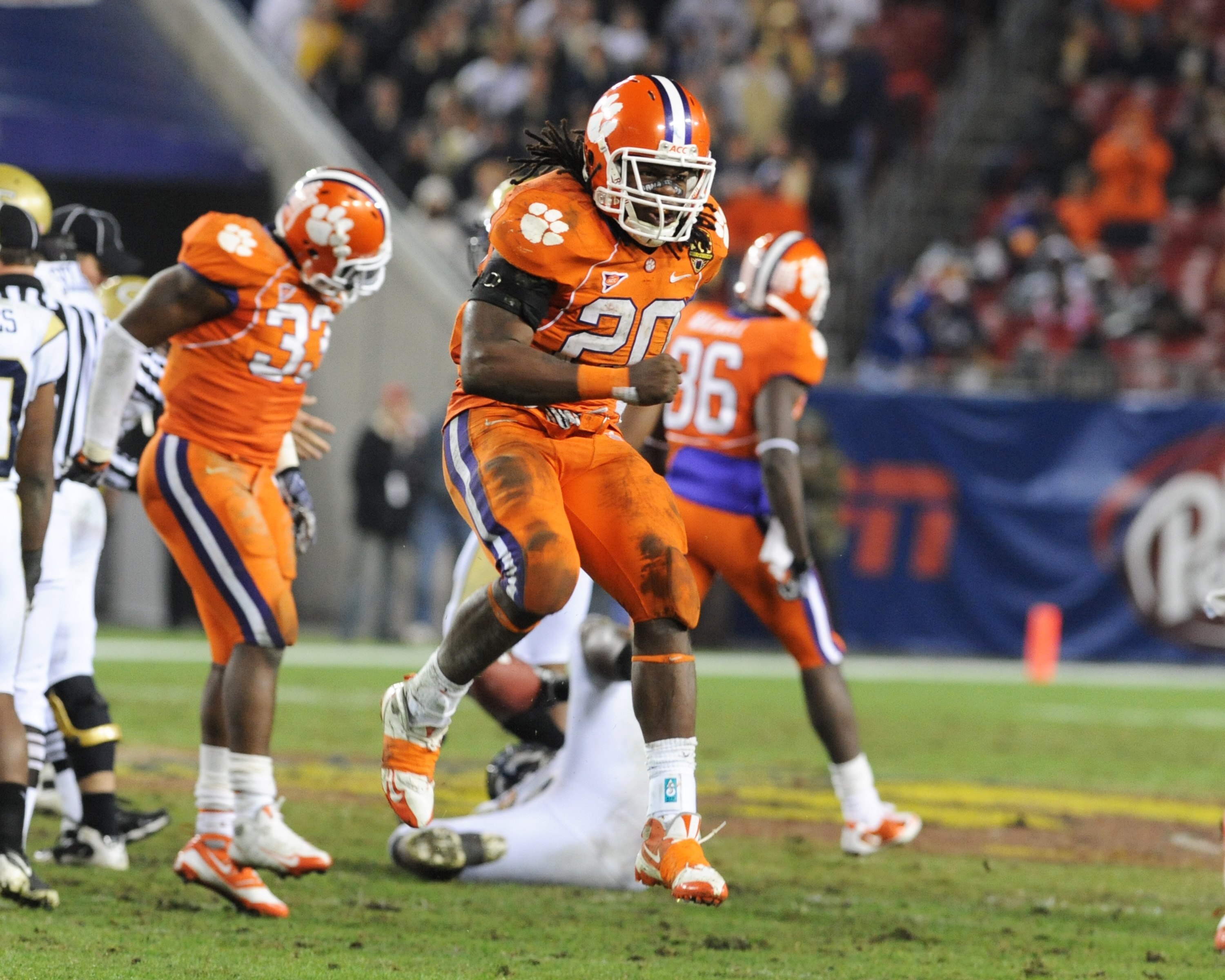 TAMPA, FL - NOVEMBER 28: Linebacker Brandon Maye #20 of the Clemson Tigers celebrates a sack against the Georgia Tech Yellow Jackets  in the 2009 ACC Football Championship Game December 5, 2009 at Raymond James Stadium in Tampa, Florida.  (Photo by Al Mes