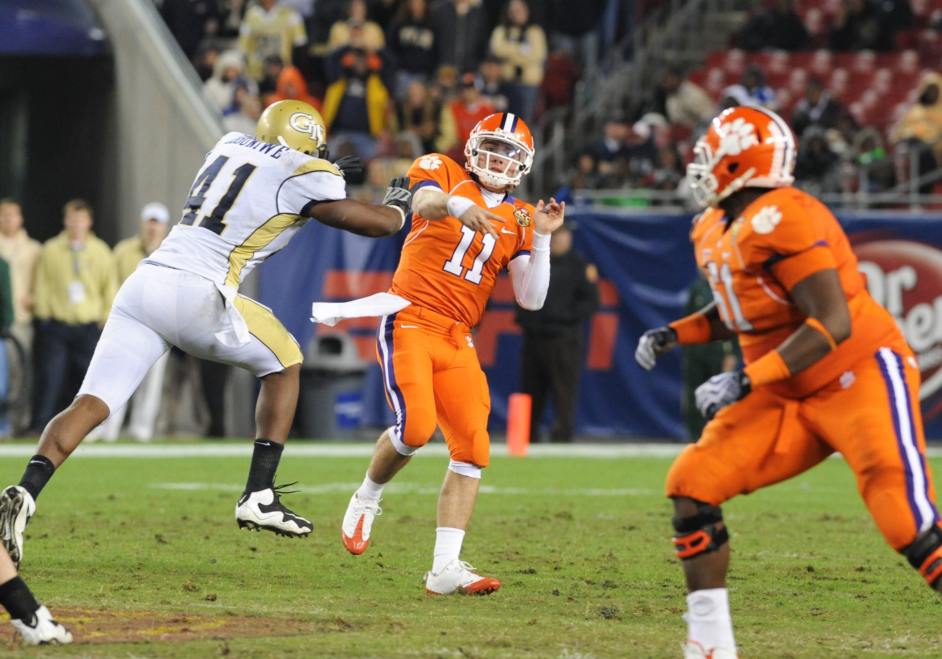 TAMPA, FL - NOVEMBER 28: Quarterback Kyle Parker #11 of the Clemson Tigers releases a pass against the Georgia Tech Yellow Jackets in the 2009 ACC Football Championship Game December 5, 2009 at Raymond James Stadium in Tampa, Florida.  (Photo by Al Messer
