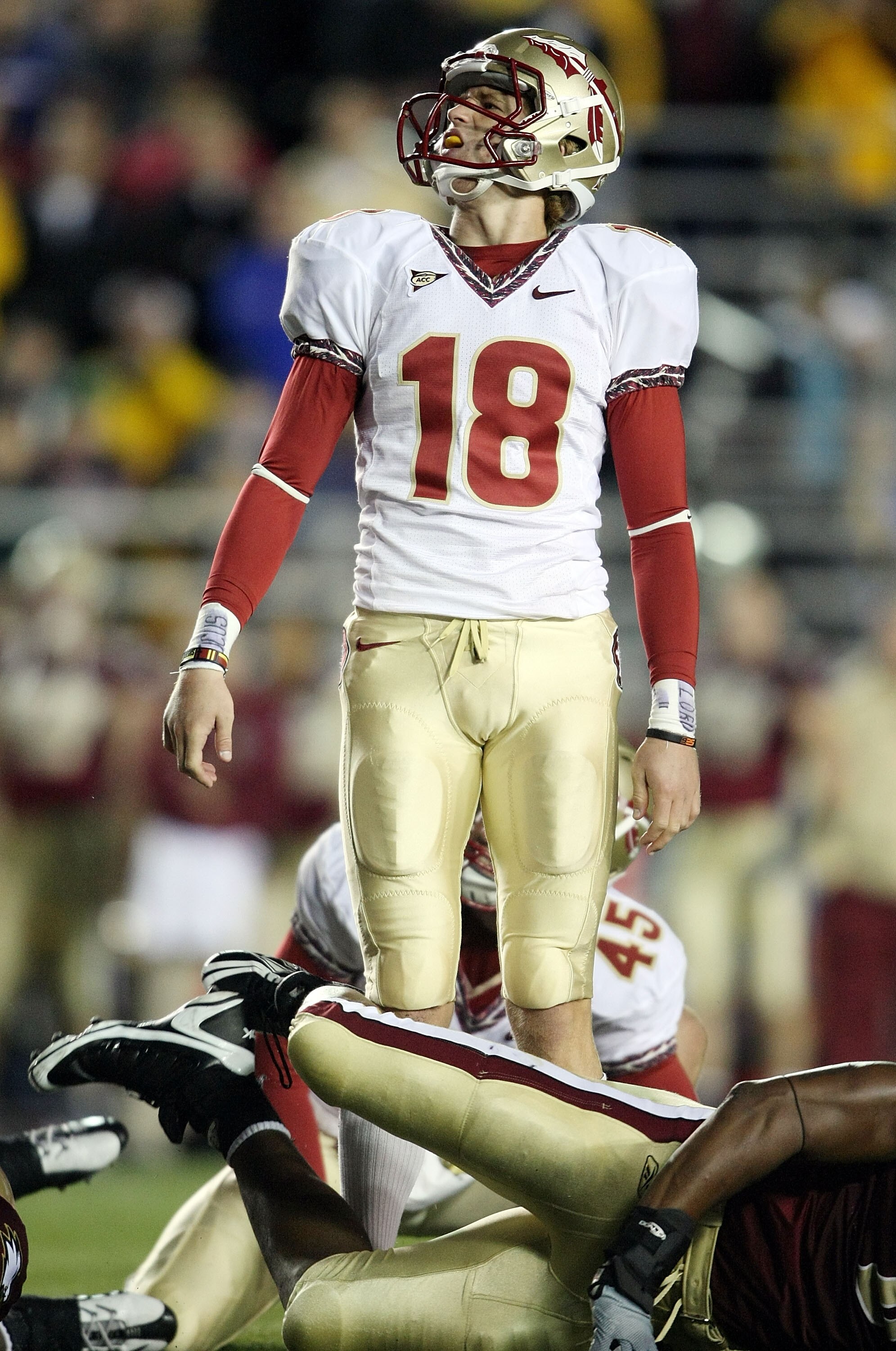 CHESTNUT HILL, MA - OCTOBER 03:  Dustin Hopkins #18 of the Florida State Seminoles reacts after missing a field goal in the fourth quarter against the Boston College Eagles on October 3, 2009 at Alumni Stadium in Chestnut Hill, Massachusetts. Boston Colle