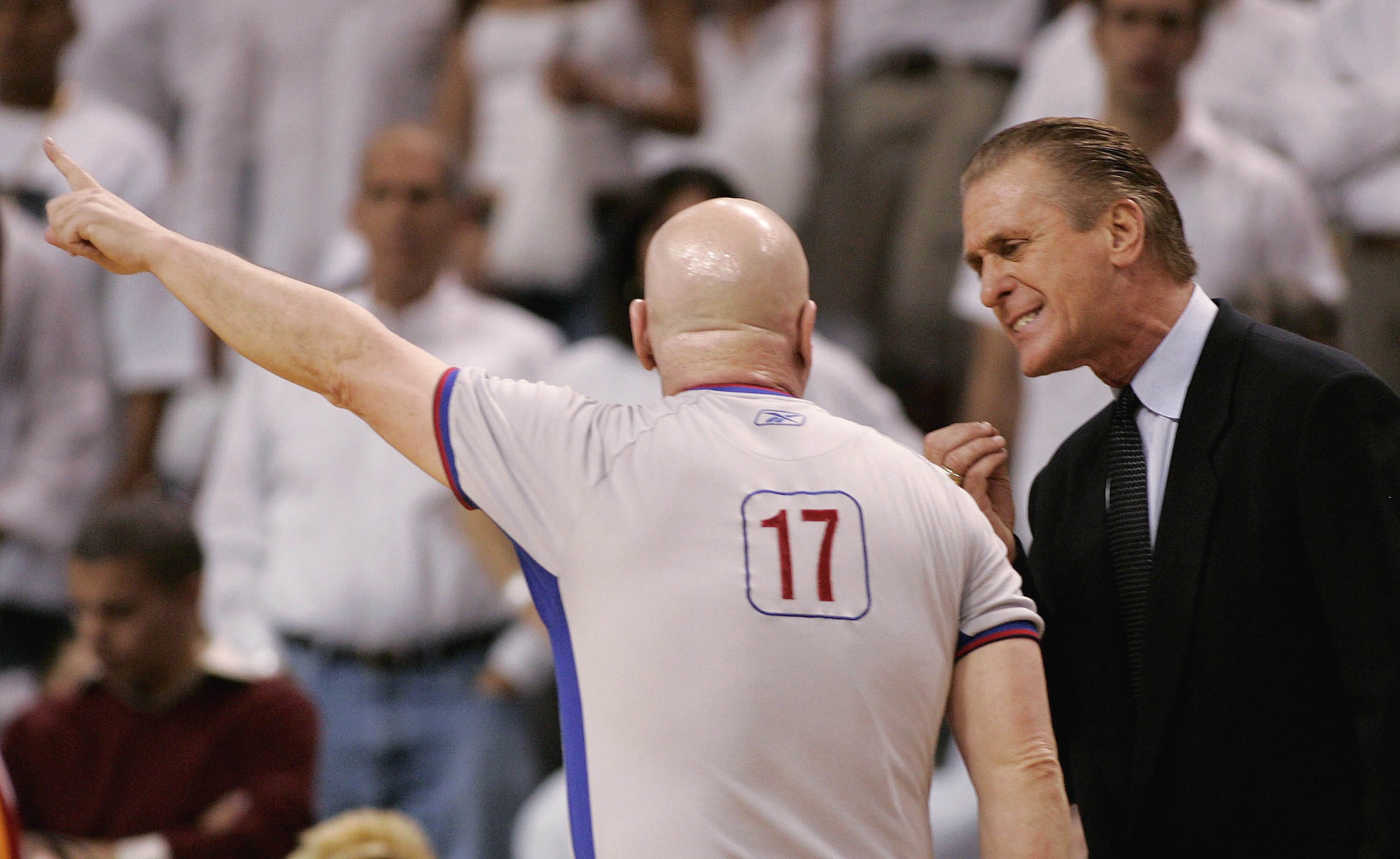 MIAMI - APRIL 22:  Head coach Pat Riley of the Miami Heat argues with referee Joe Crawford #17 after a technical foul was called on Miami's Udonis Haslem #40 and he was ejected from the game against the Chicago Bulls in game one of the Eastern Conference