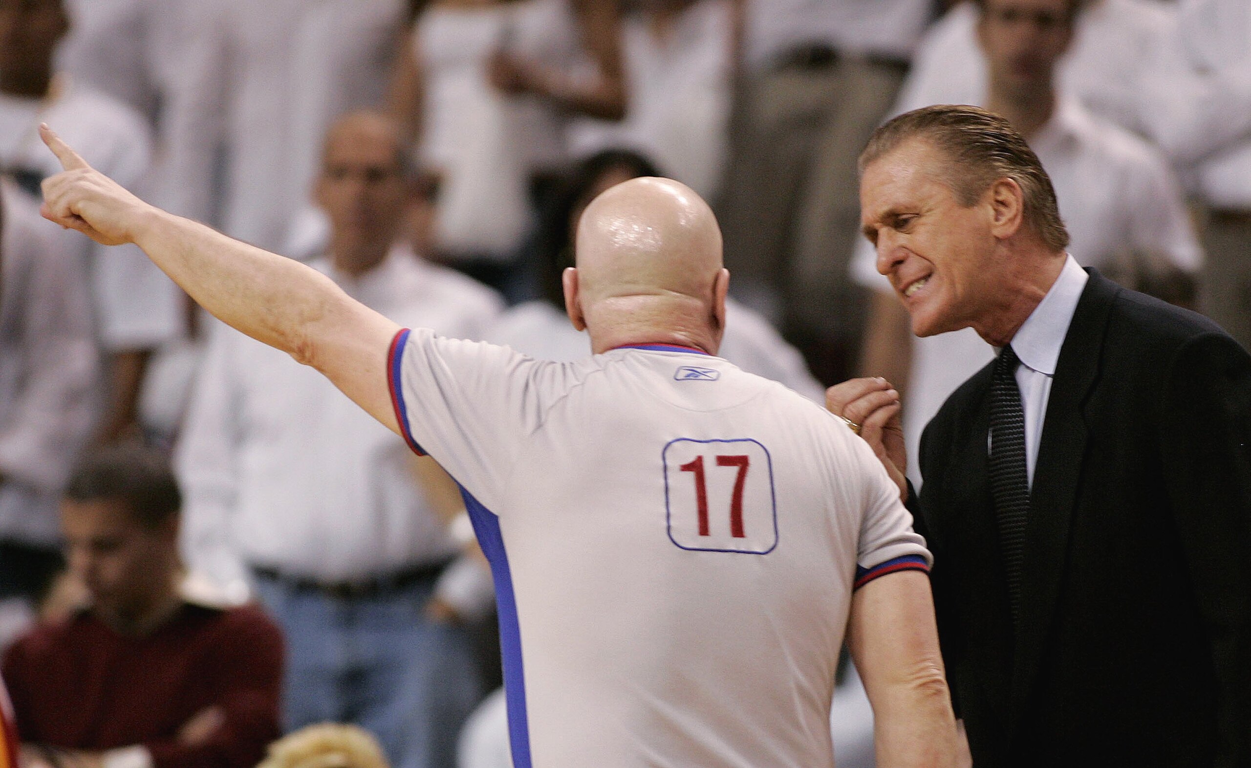 MIAMI - APRIL 22:  Head coach Pat Riley of the Miami Heat argues with referee Joe Crawford #17 after a technical foul was called on Miami's Udonis Haslem #40 and he was ejected from the game against the Chicago Bulls in game one of the Eastern Conference