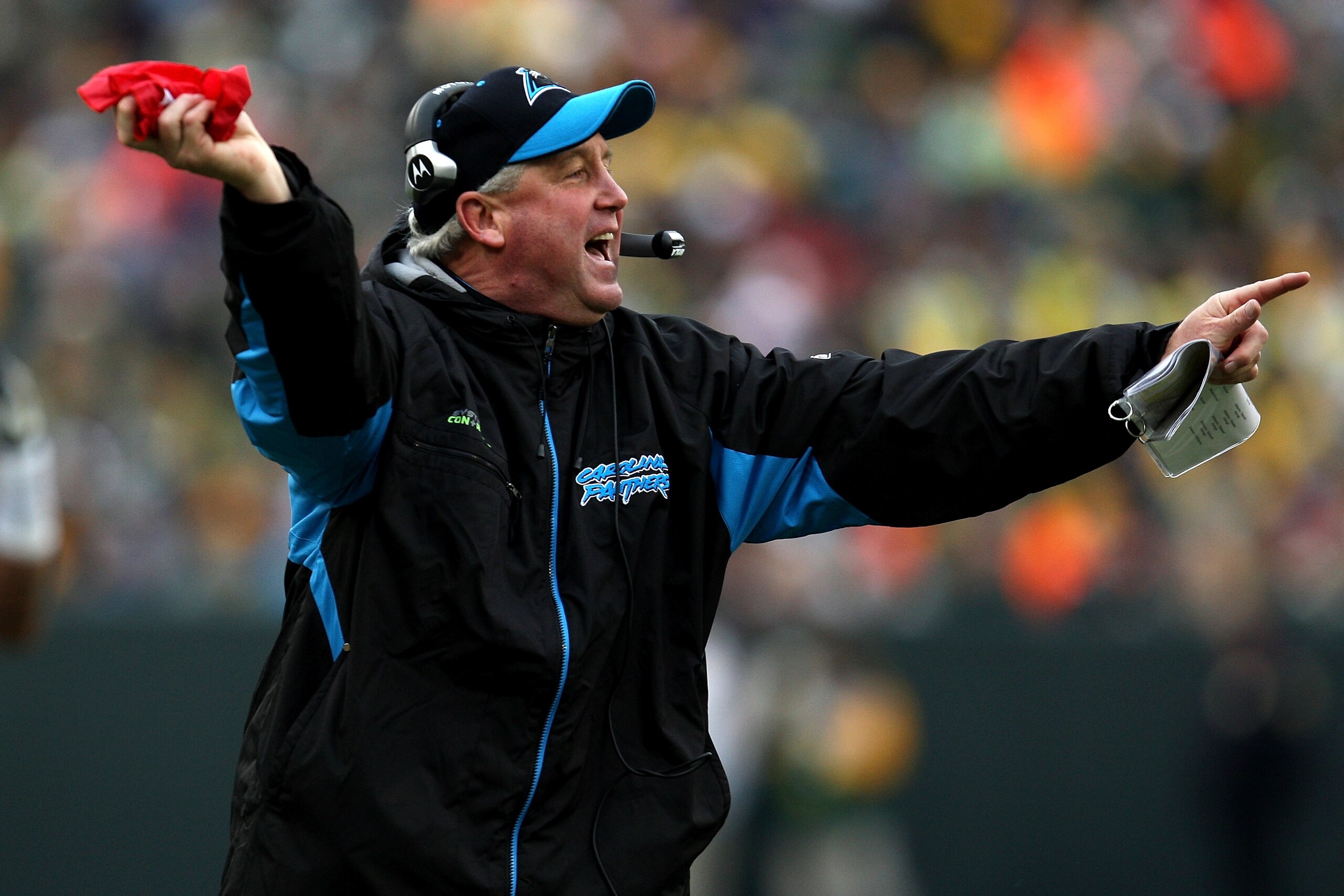 GREEN BAY, WI - NOVEMBER 30: Head coach John Fox of the Carolina Panthers throws a red challenge flag against the Green Bay Packers at Lambeau Field on November 30, 2008 in Green Bay, Wisconsin. (Photo by Jonathan Daniel/Getty Images) GREEN BAY, WI - NOVEMBER 30: Head coach John Fox of the Carolina Panthers throws a red challenge flag against the Green Bay Packers at Lambeau Field on November 30, 2008 in Green Bay, Wisconsin. (Photo by Jonathan Daniel/Getty Images)