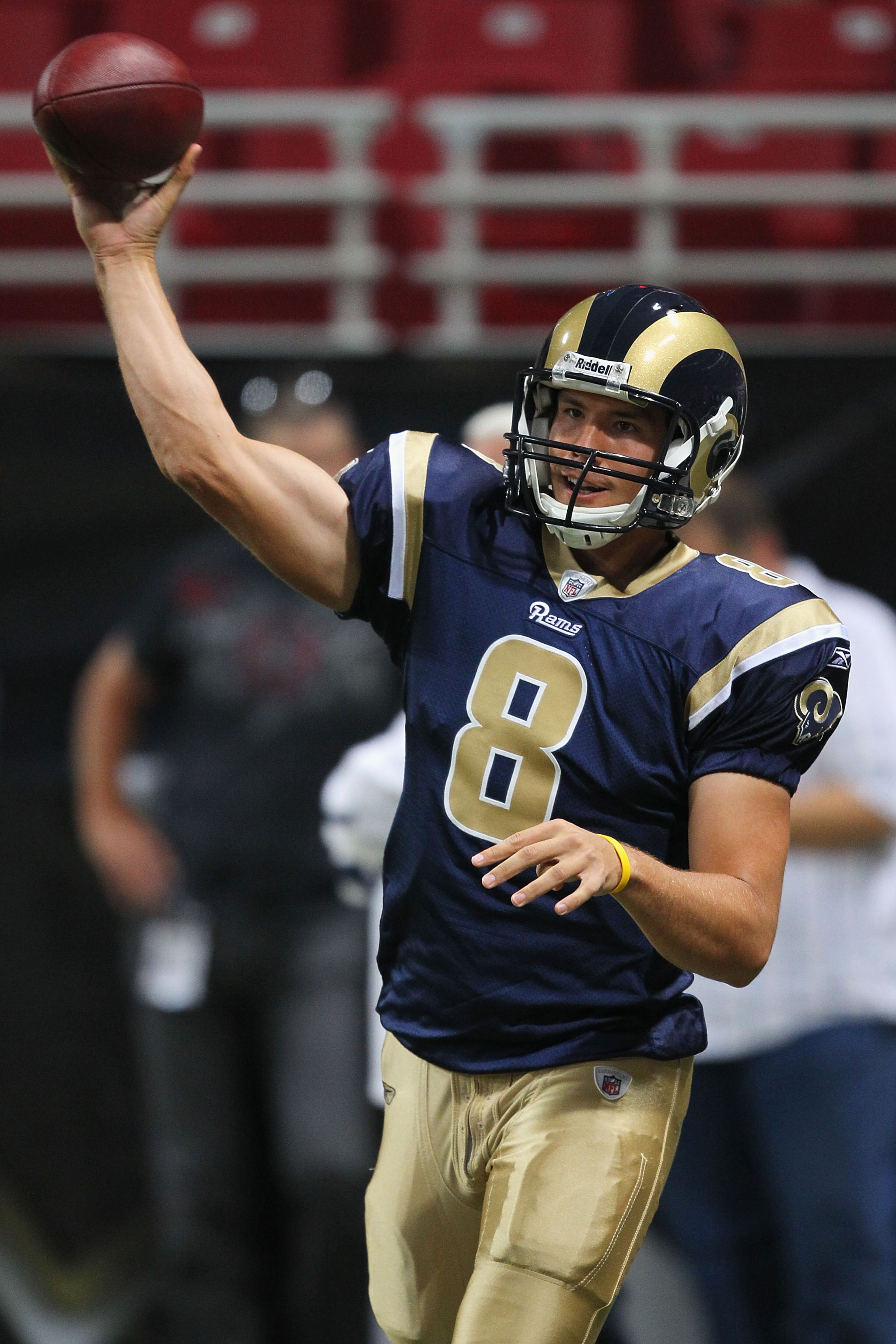 ST. LOUIS - SEPTEMBER 12: Sam Bradford #8 of the St. Louis Rams warms up prior to the NFL season opener against the Arizona Cardinals at the Edward Jones Dome on September 12, 2010 in St. Louis, Missouri.  (Photo by Dilip Vishwanat/Getty Images)