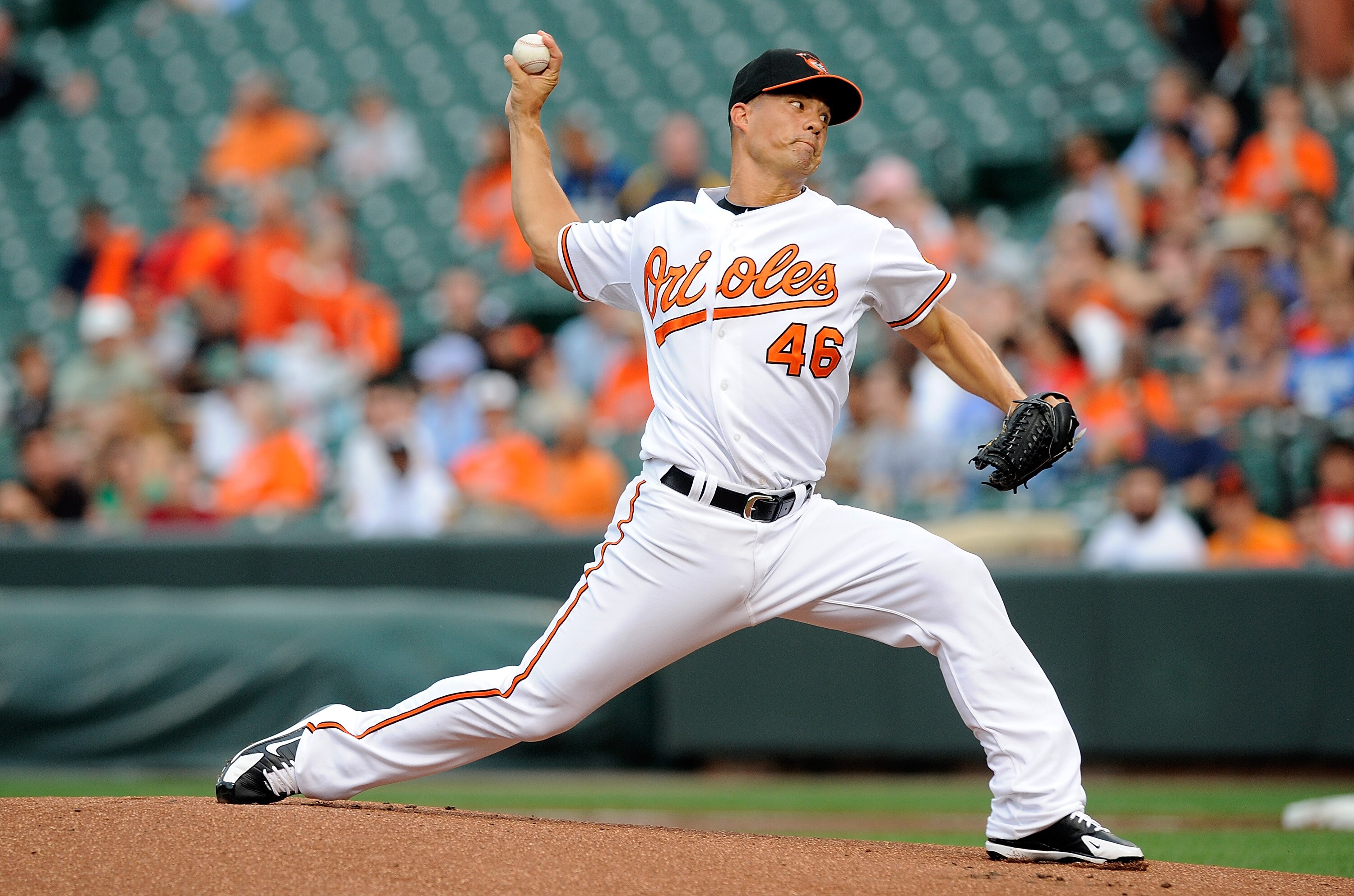 BALTIMORE - AUGUST 03:  Jeremy Guthrie #46 of the Baltimore Orioles pitches against the Los Angeles Angels of Anaheim at Camden Yards on August 3, 2010 in Baltimore, Maryland.  (Photo by Greg Fiume/Getty Images)