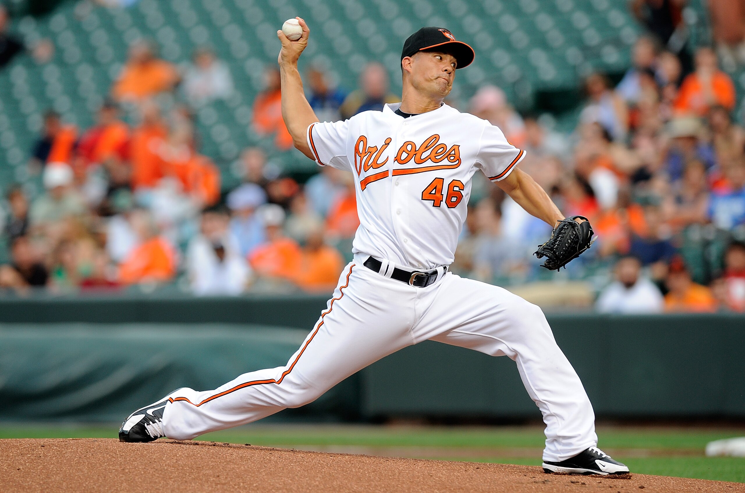 BALTIMORE - AUGUST 03:  Jeremy Guthrie #46 of the Baltimore Orioles pitches against the Los Angeles Angels of Anaheim at Camden Yards on August 3, 2010 in Baltimore, Maryland.  (Photo by Greg Fiume/Getty Images)