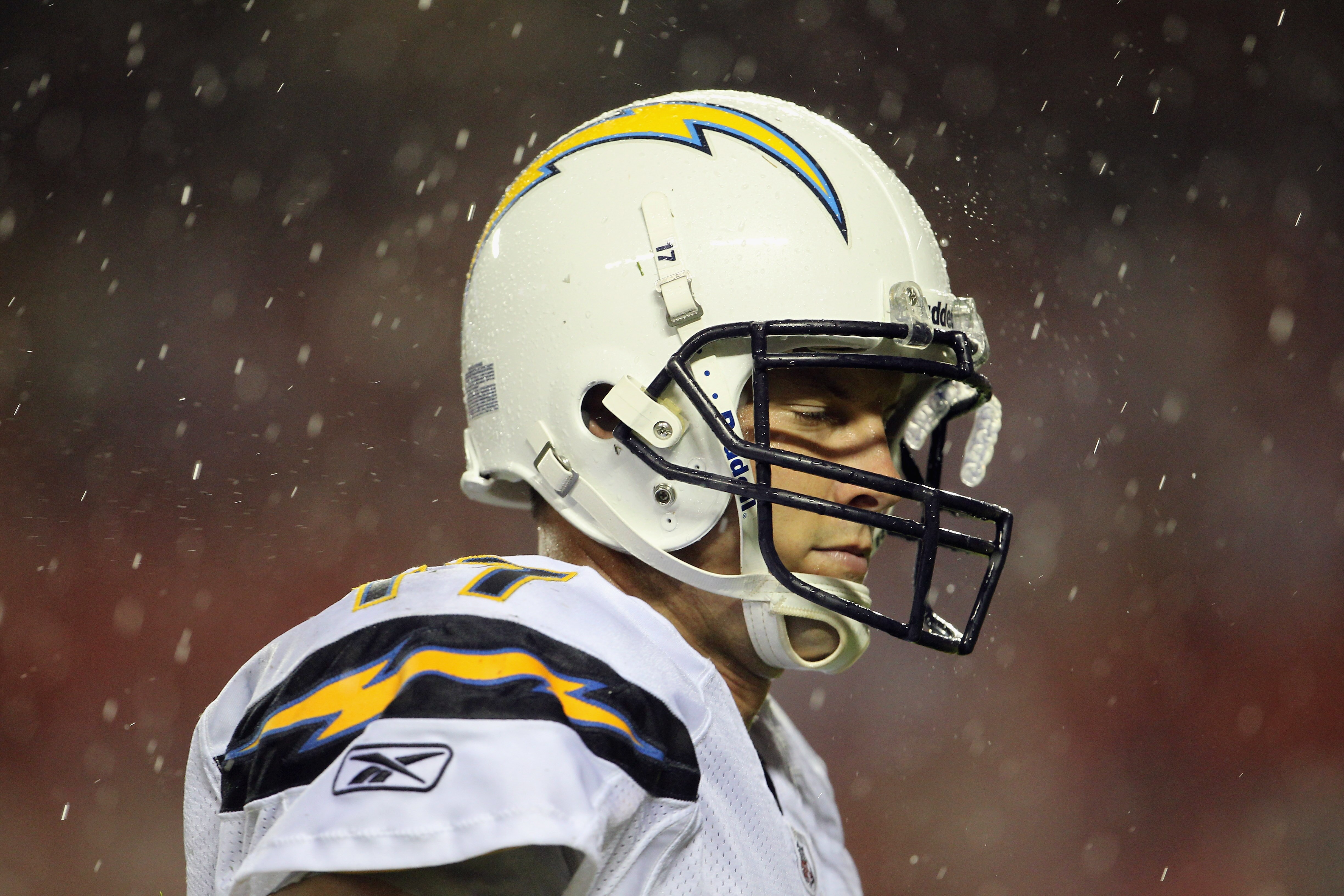 KANSAS CITY, MO - SEPTEMBER 13:  Quarterback Philip Rivers #17 of the San Diego Chargers walks off the field at halftime in the rain during the game against the Kansas City Chiefs on September 13, 2010 at Arrowhead Stadium in Kansas City, Missouri.  (Phot