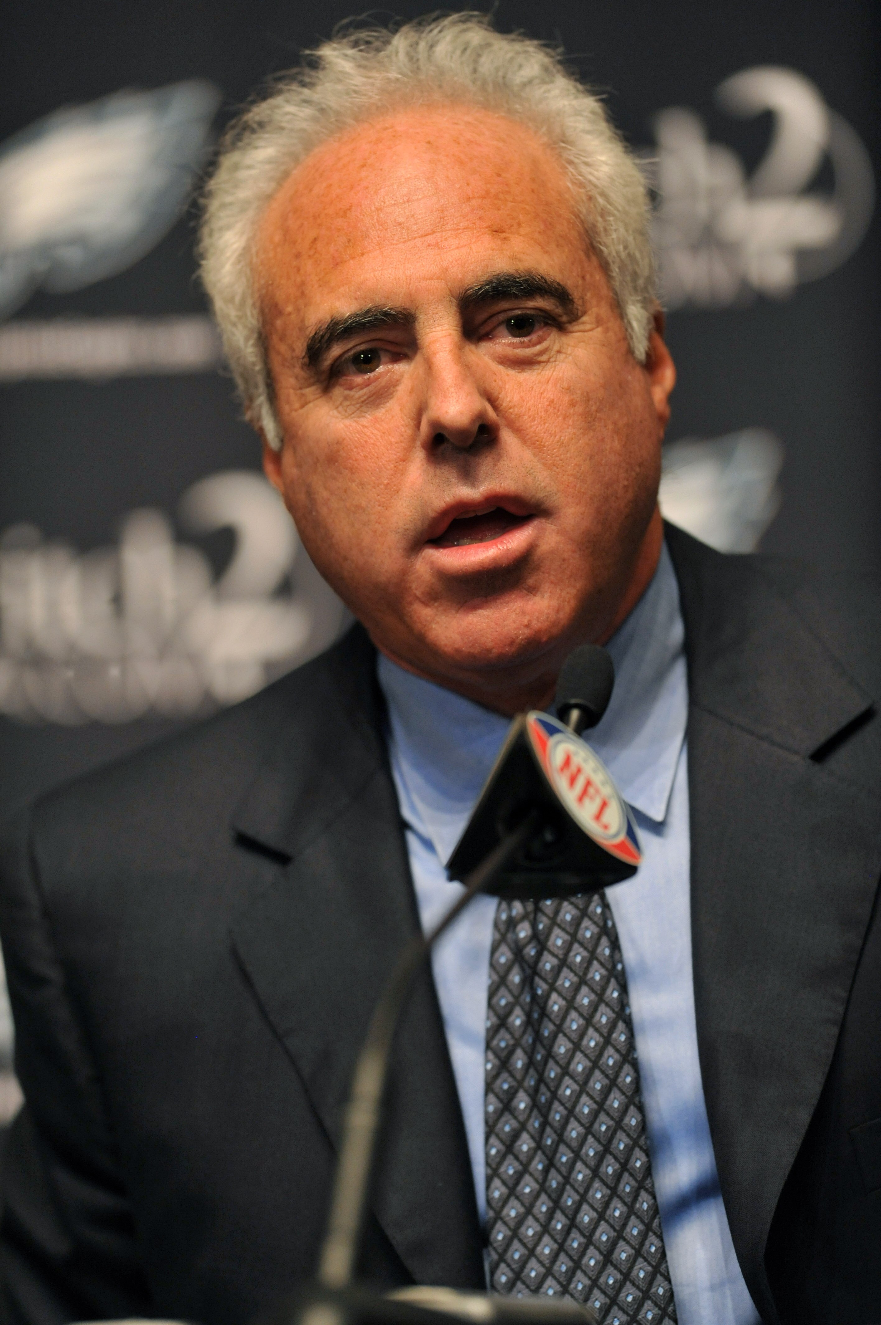 PHILADELPHIA - AUGUST 14: Owner Jeff Lurie of the Philadelphia Eagles speaks at a press conference introducing Michael Vick at the NovaCare Complex on August 14, 2009 in Philadelphia, Pennsylvania. Vick signed a one-year contract, with a second year optio