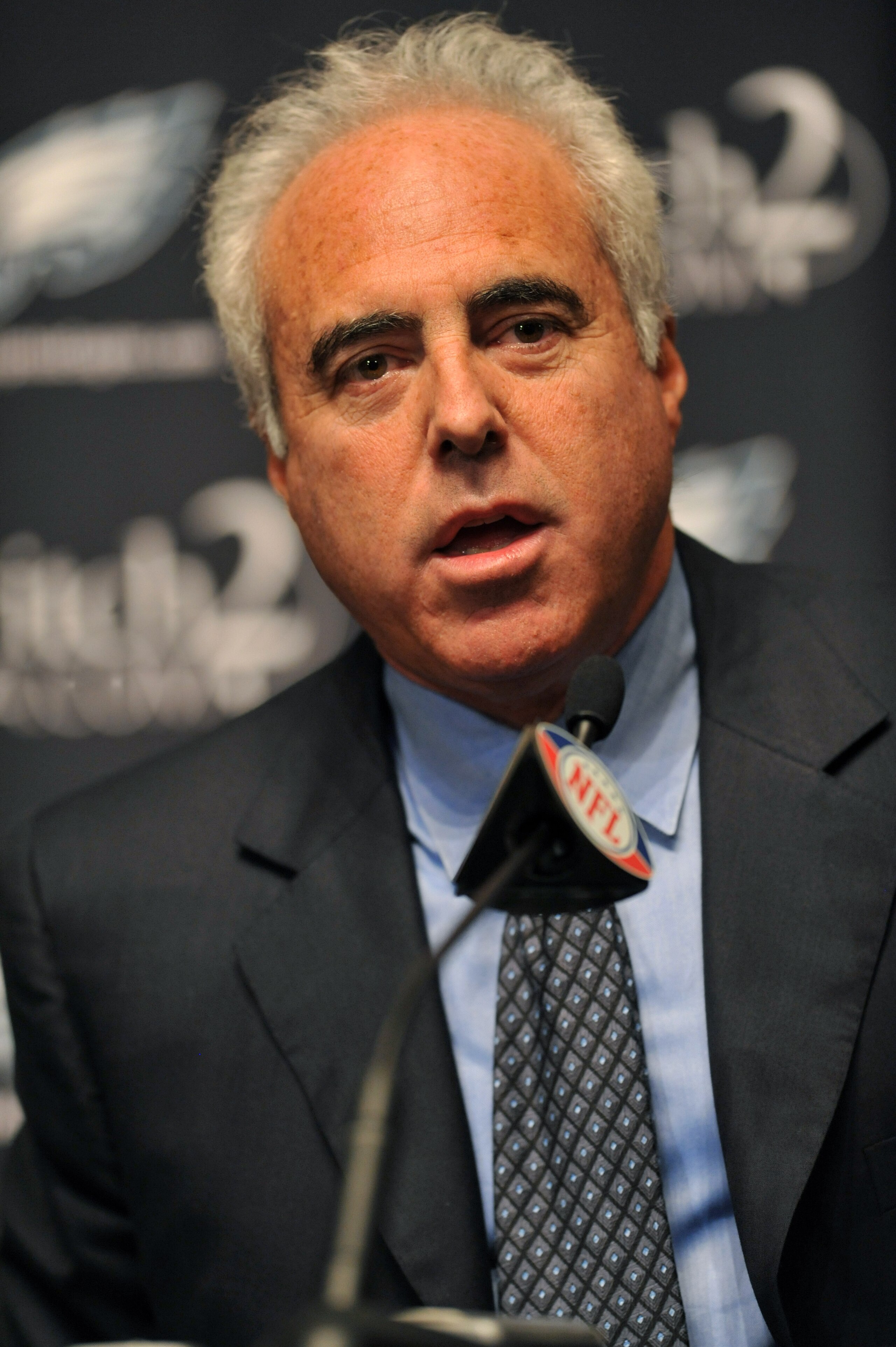 PHILADELPHIA - AUGUST 14: Owner Jeff Lurie of the Philadelphia Eagles speaks at a press conference introducing Michael Vick at the NovaCare Complex on August 14, 2009 in Philadelphia, Pennsylvania. Vick signed a one-year contract, with a second year optio