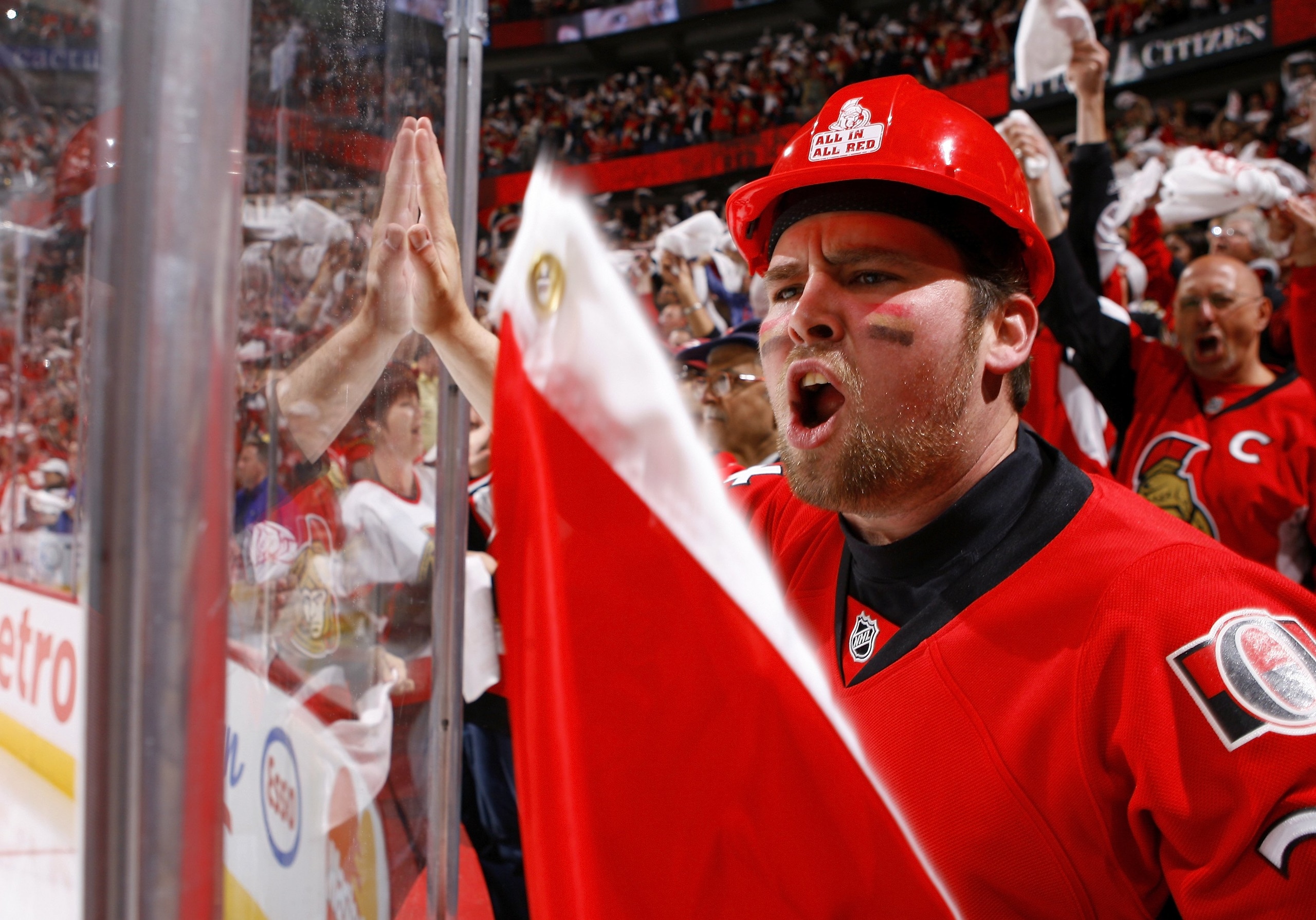 OTTAWA, ON - APRIL 24:  An Ottawa Senators' fan show his support in Game 6 of the Eastern Conference Quaterfinals against the Pittsburgh Penguins during the 2010 Stanley Cup Playoffs at Scotiabank Place on April 24, 2010 in Ottawa, Canada.  (Photo by Phil