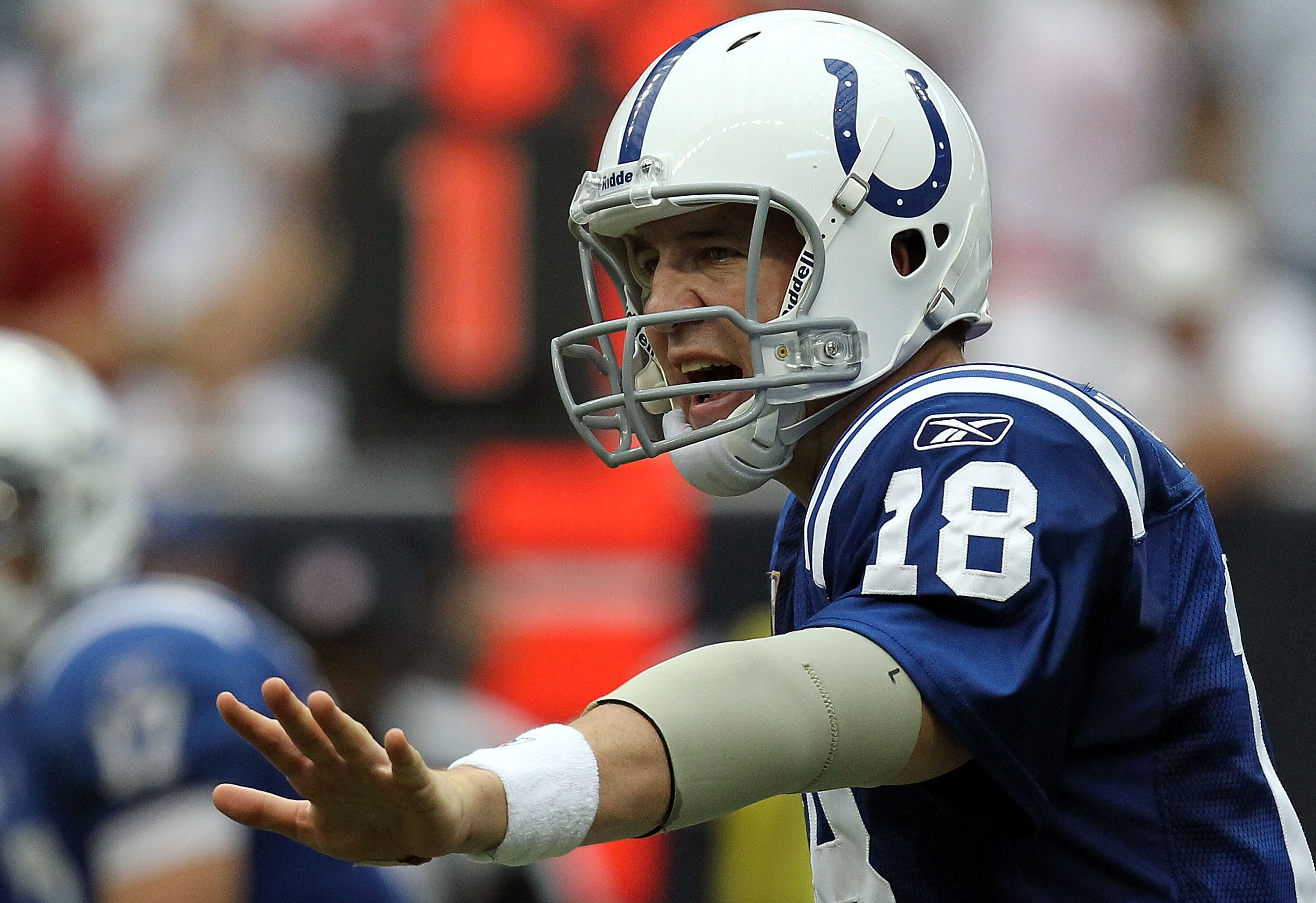 HOUSTON - SEPTEMBER 12:  Quarterback Peyton Manning #18 of the Indianapolis Colts in the NFL season opener against the Houston Texans at Reliant Stadium on September 12, 2010 in Houston, Texas.  (Photo by Ronald Martinez/Getty Images)