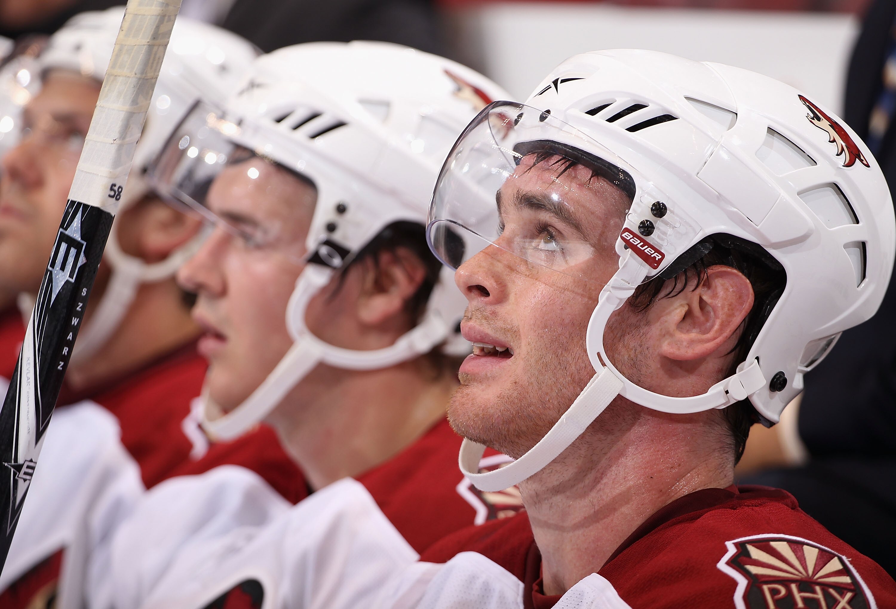 GLENDALE, AZ - SEPTEMBER 14:  Jordan Szwarz #58 of the Phoenix Coyotes on the bench during the NHL Rookie game against the Los Angeles Kings at Jobing.com Arena on September 14, 2010 in Glendale, Arizona.  (Photo by Christian Petersen/Getty Images)