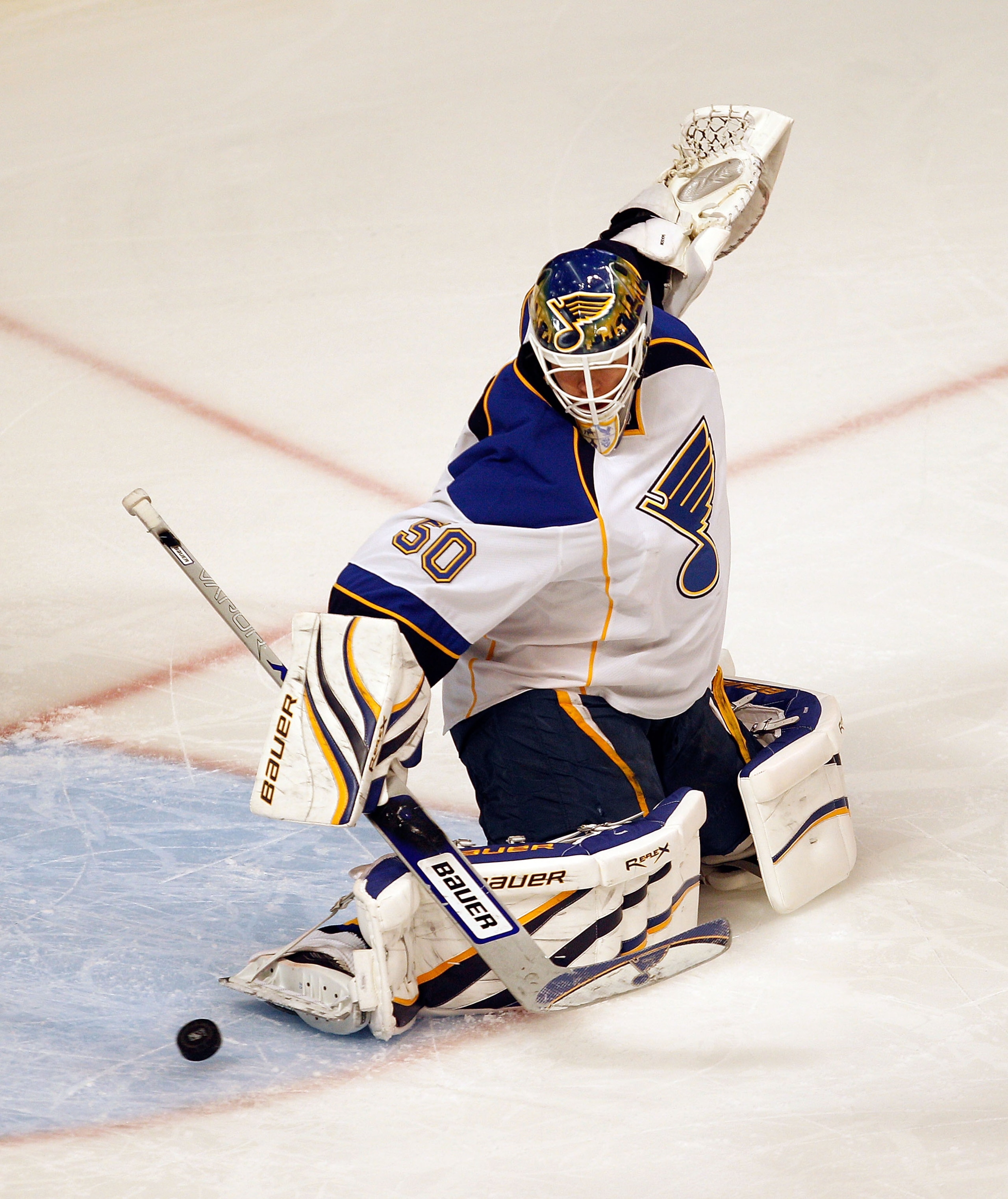 CHICAGO - APRIL 07: The puck slides past Chris Mason #50 of the St. Louis Blues for a Chicago Blackhawk goal in the first period at the United Center on April 7, 2010 in Chicago, Illinois. (Photo by Jonathan Daniel/Getty Images)
