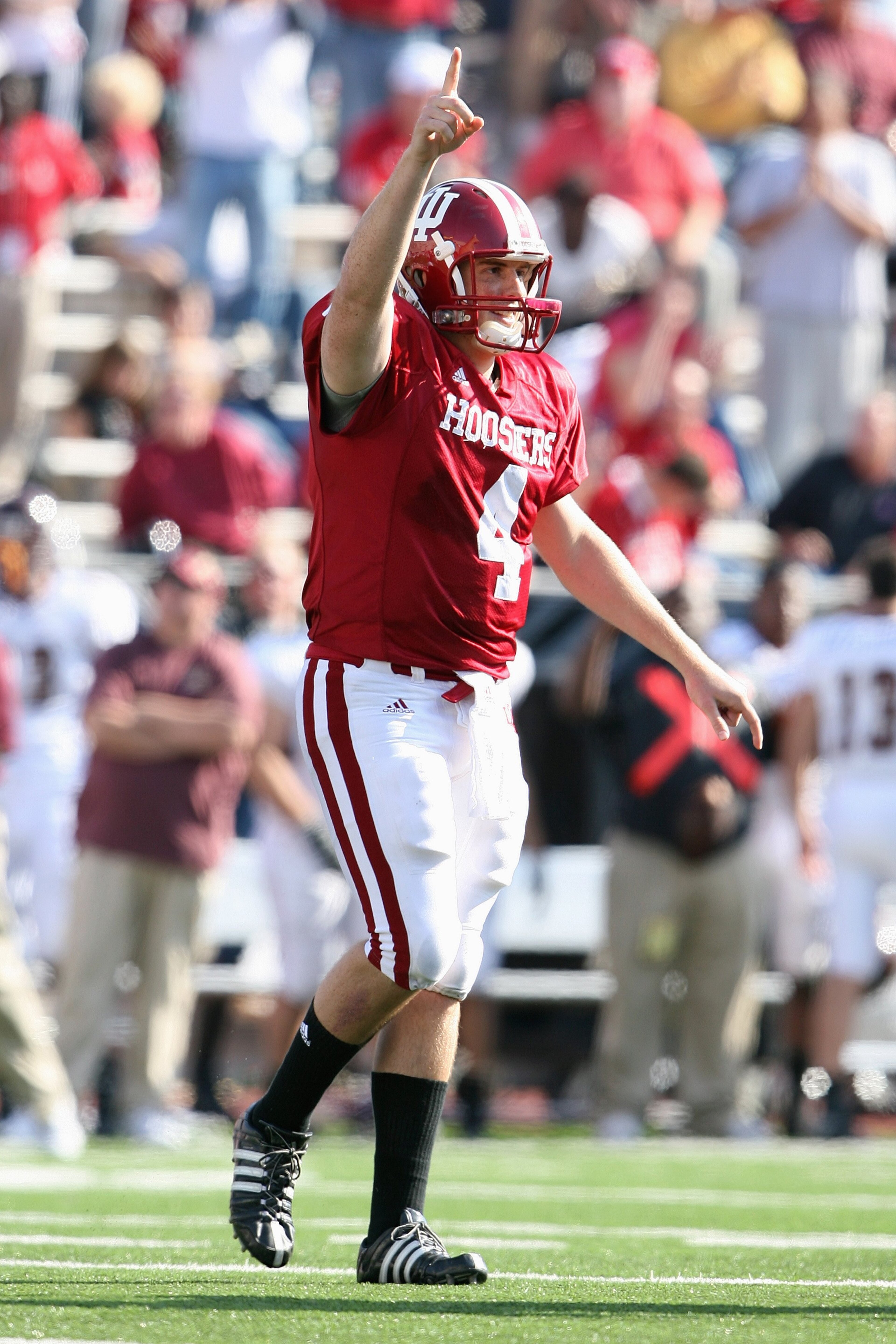 BLOOMINGTON, IN - NOVEMBER 01:  Quarterback Ben Chappell #4 of the Indiana Hooisers celebrates on the field during the game against the Central Michigan Chippewas at Memorial Stadium on November 1, 2008 in Bloomington, Indiana.  (Photo by Andy Lyons/Getty