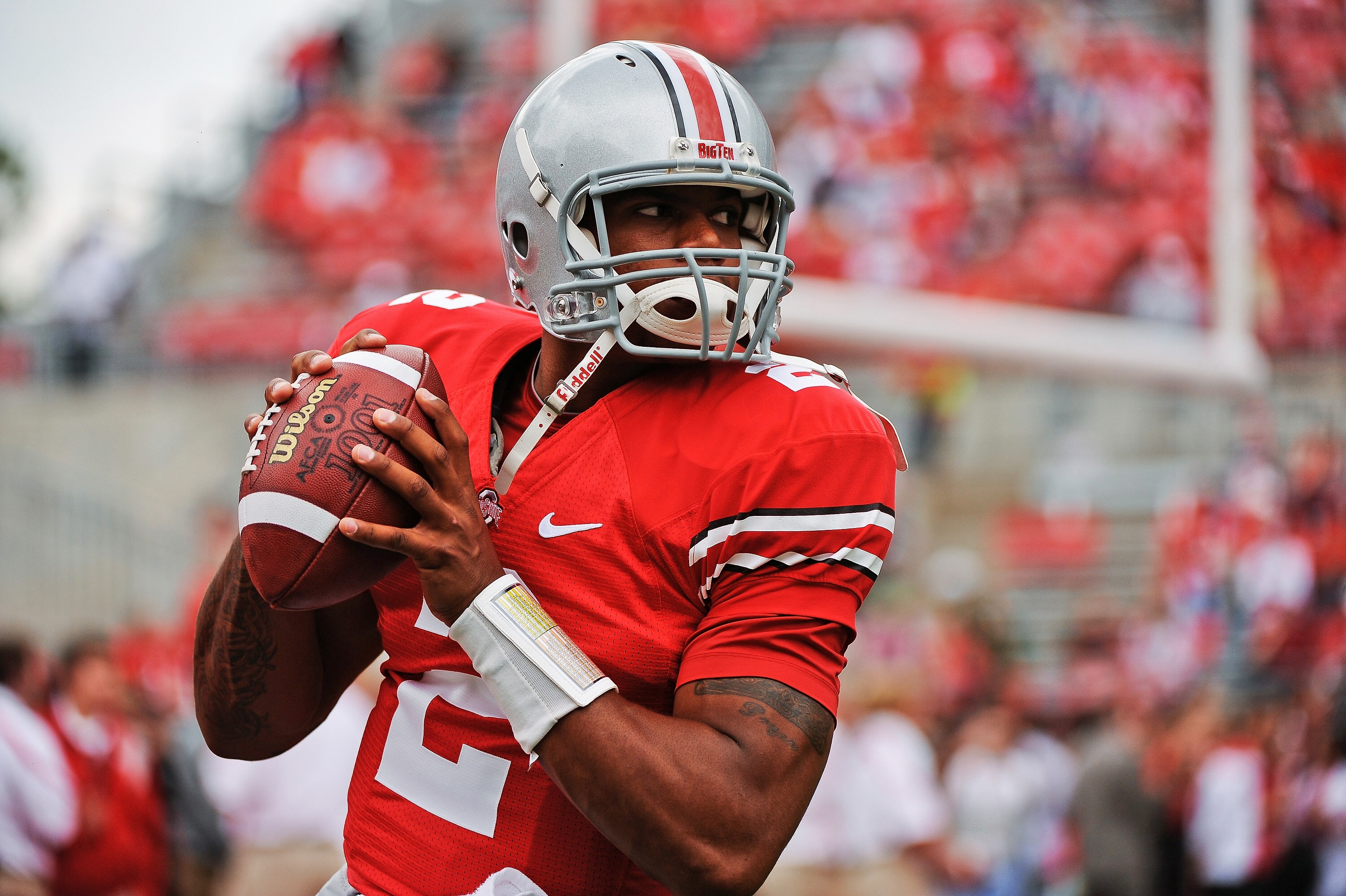 COLUMBUS, OH - SEPTEMBER 11:  Quarterback Terrelle Pryor #2 of the Ohio State Buckeyes warms up before a game against the Miami Hurricanes at Ohio Stadium on September 11, 2010 in Columbus, Ohio.  (Photo by Jamie Sabau/Getty Images)