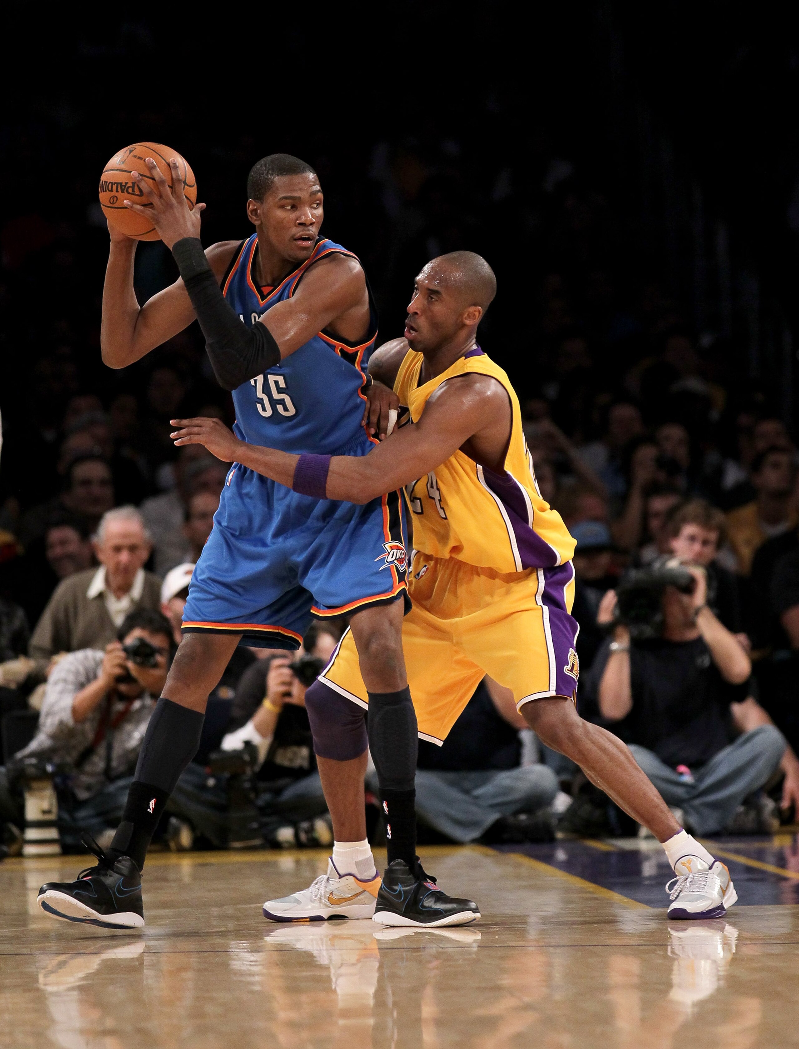 LOS ANGELES - APRIL 20: Kevin Durant #35 of the Oklahoma City Thunder controls the ball against Kobe Bryant #24 of the Los Angeles Lakers during Game Two of the Western Conference Quarterfinals of the 2010 NBA Playoffs on April 20, 2010 at Staples Center LOS ANGELES - APRIL 20: Kevin Durant #35 of the Oklahoma City Thunder controls the ball against Kobe Bryant #24 of the Los Angeles Lakers during Game Two of the Western Conference Quarterfinals of the 2010 NBA Playoffs on April 20, 2010 at Staples Center