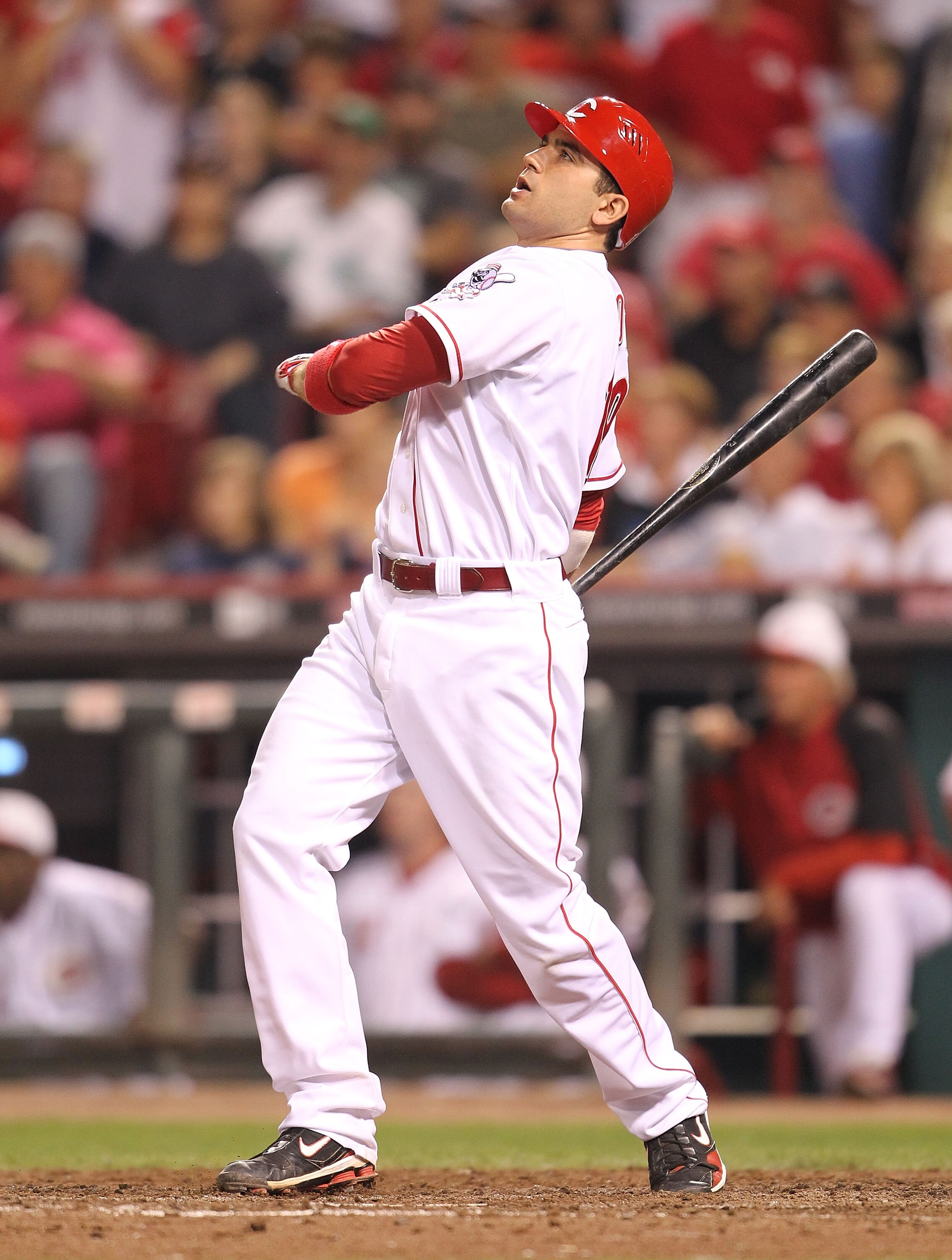 CINCINNATI - SEPTEMBER 11:  Joey Votto #19 of the Cincinnati Reds hits a game winning home run during the game against the Pittsburg Pirates at Great American Ball Park on September 11, 2010 in Cincinnati, Ohio. The Reds won 5-4  (Photo by Andy Lyons/Gett