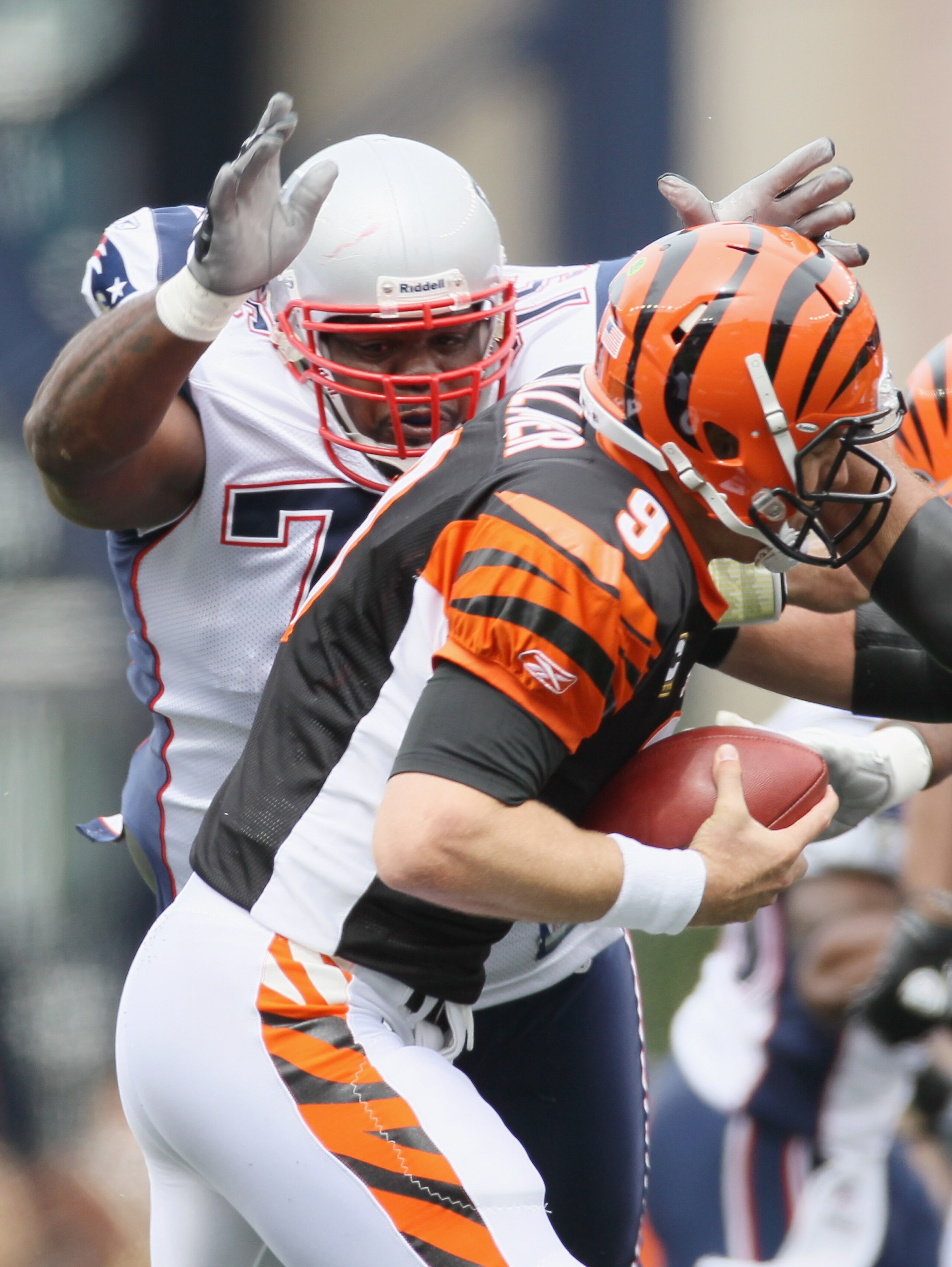 FOXBORO, MA - SEPTEMBER 12: Vince Wilfork #75 of the New England Patriots sacks Carson Palmer #9 of the Cincinnati Bengals during the NFL season opener on September 12, 2010 at Gillette Stadium in Foxboro, Massachusetts. (Photo by Elsa/Getty Images) FOXBORO, MA - SEPTEMBER 12: Vince Wilfork #75 of the New England Patriots sacks Carson Palmer #9 of the Cincinnati Bengals during the NFL season opener on September 12, 2010 at Gillette Stadium in Foxboro, Massachusetts. (Photo by Elsa/Getty Images)