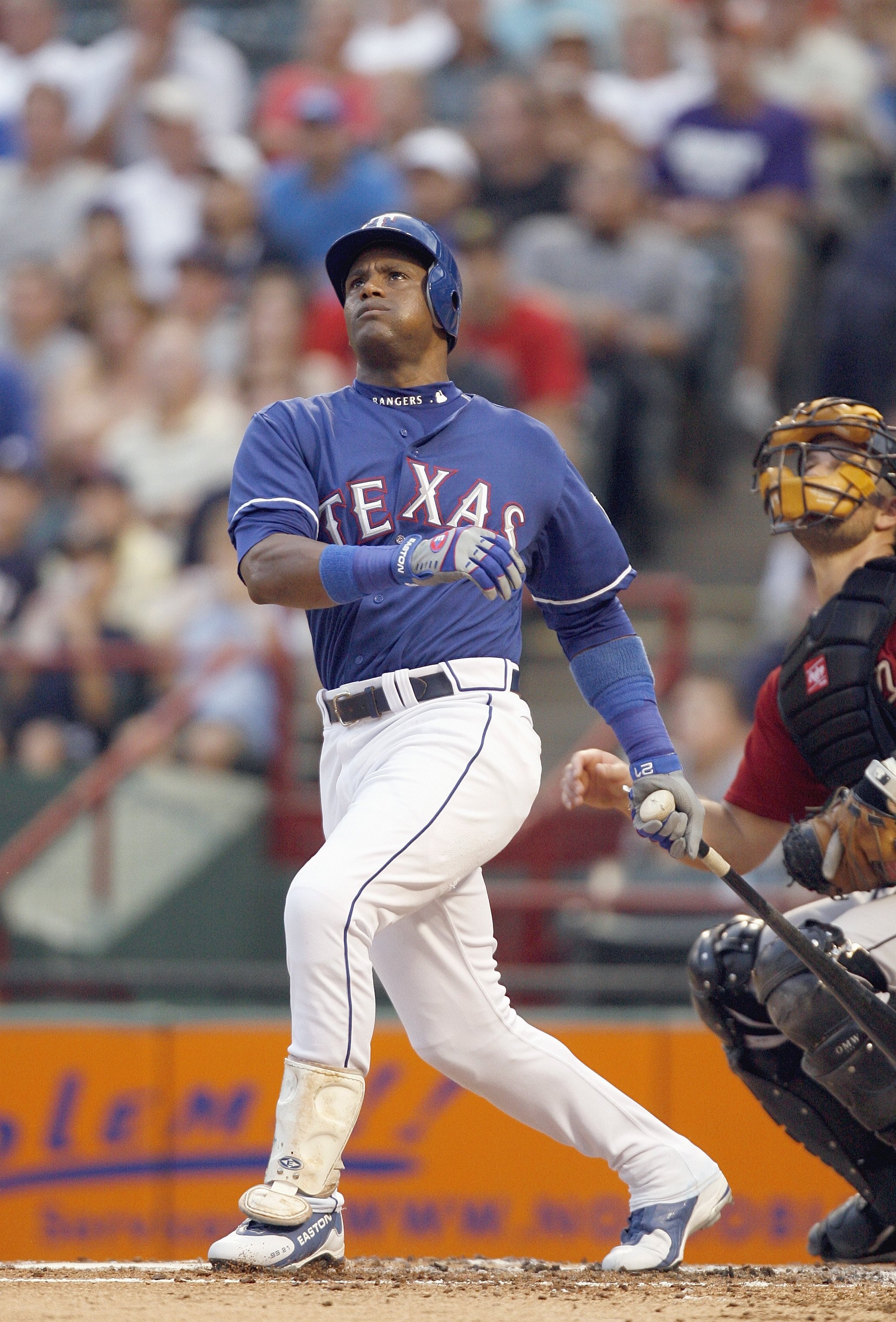 ARLINGTON, TX - JUNE 24: Sammy Sosa #21of the Texas Rangers follows his hit against the Houston Astros on June 24, 2007 at the Rangers Ballpark in Arlington, Texas. The Astros won 12-9. (Photo by Layne Murdoch/Getty Images).