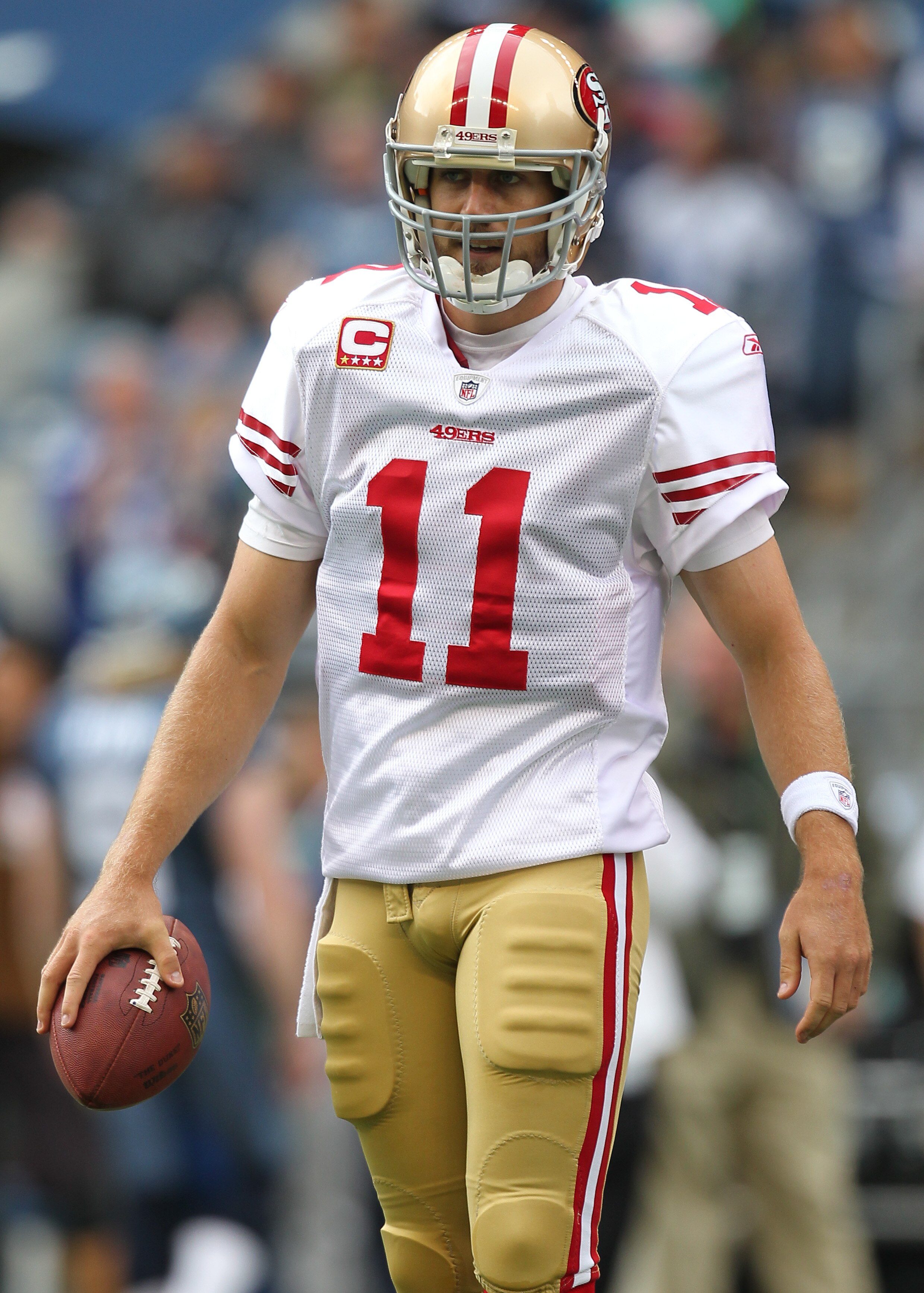 SEATTLE - SEPTEMBER 12:  Quarterback Alex Smith #11 of the San Francisco 49ers warms up prior to the NFL season opener against the Seattle Seahawks at Qwest Field on September 12, 2010 in Seattle, Washington. (Photo by Otto Greule Jr/Getty Images)
