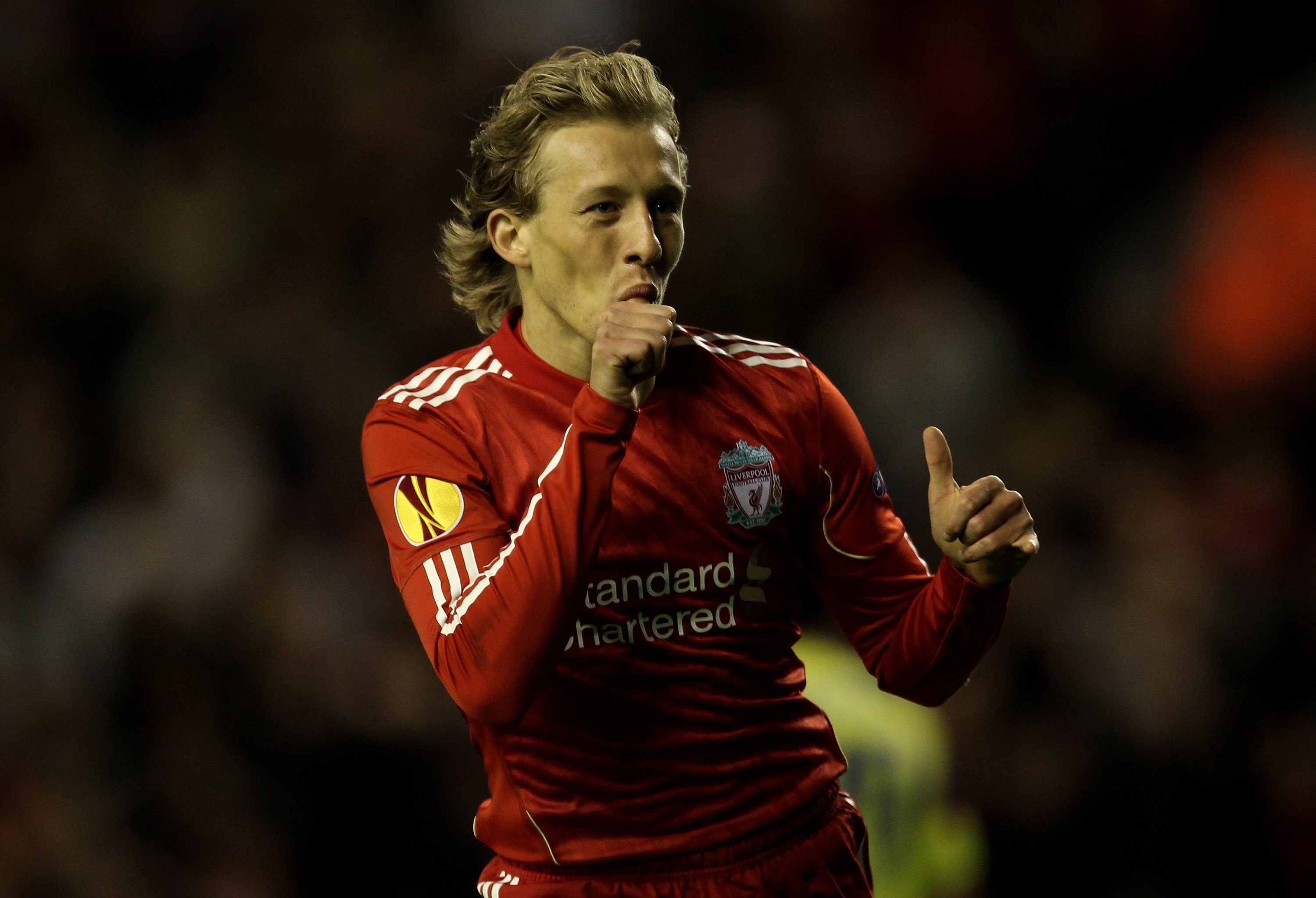 LIVERPOOL, ENGLAND - SEPTEMBER 16 : Lucas of Liverpool celebrates scoring his team's third goal during the UEFA Europa League Group K match beteween Liverpool and Steaua Bucharest at Anfield on September 16, 2010 in Liverpool, England.  (Photo by Alex Liv