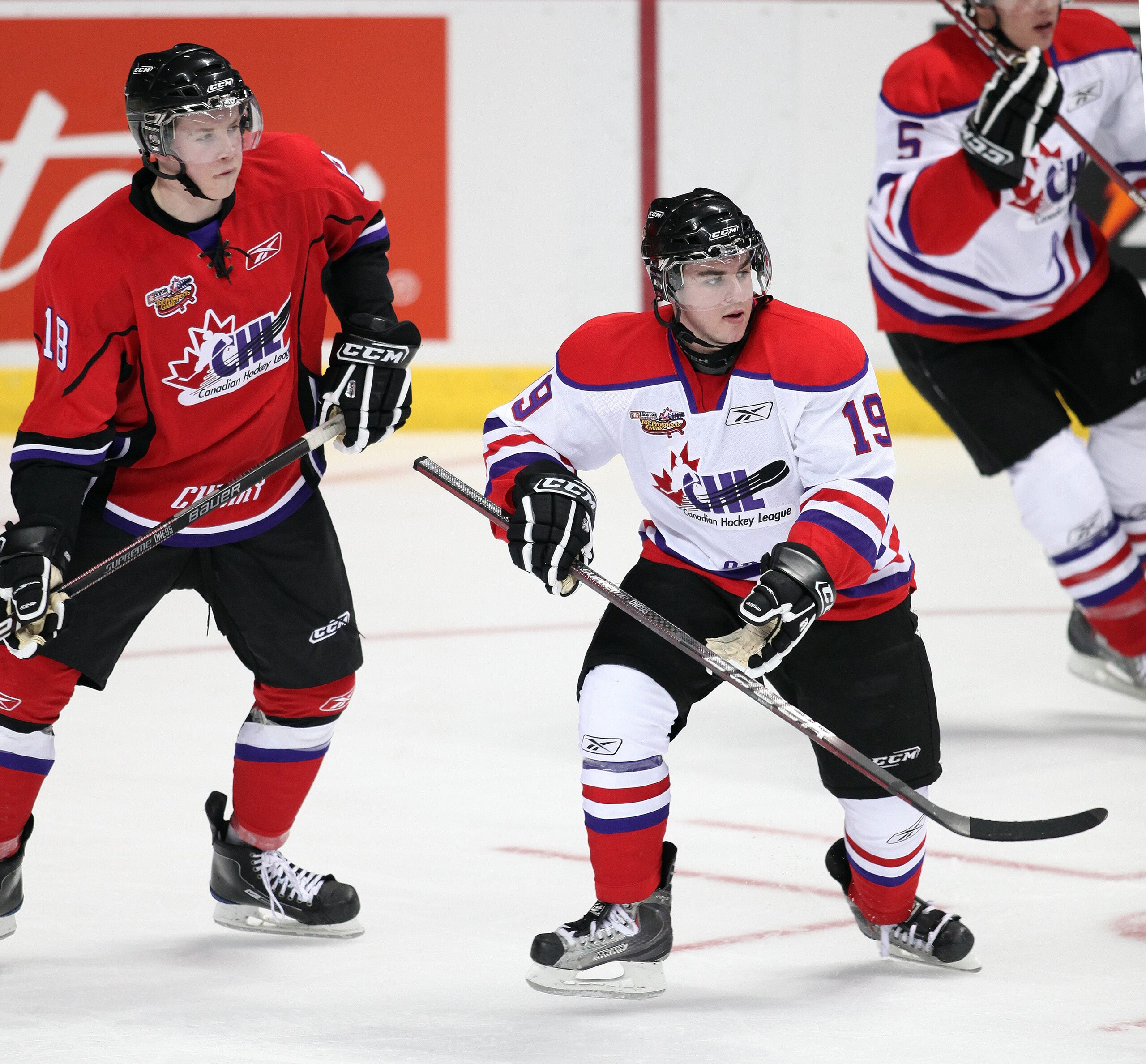 WINDSOR, ON - JANUARY 20:  Joey Hishon #19 of Team Orr skates in front of Ryan Johansen #18 of Team Cherry in the  Home Hardware CHL/NHL Top Prospects game on January 20, 2010 at the WFCU Centre in Windsor, Ontario. Team Cherry defeated Team Orr 4-2. (Pho
