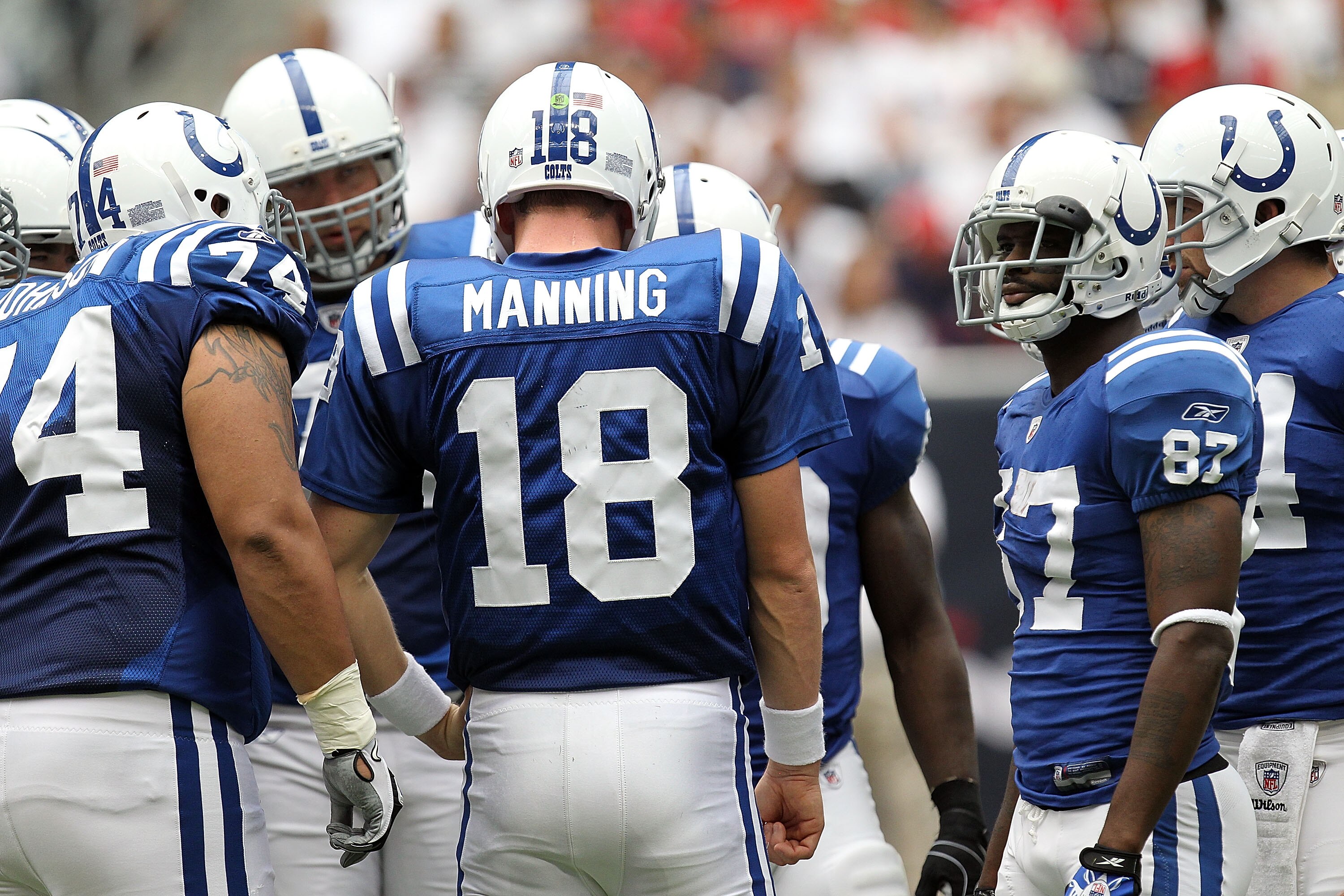 HOUSTON - SEPTEMBER 12:  Quarterback Peyton Manning #18 of the Indianapolis Colts in the NFL season opener against the Houston Texans at Reliant Stadium on September 12, 2010 in Houston, Texas.  (Photo by Ronald Martinez/Getty Images)