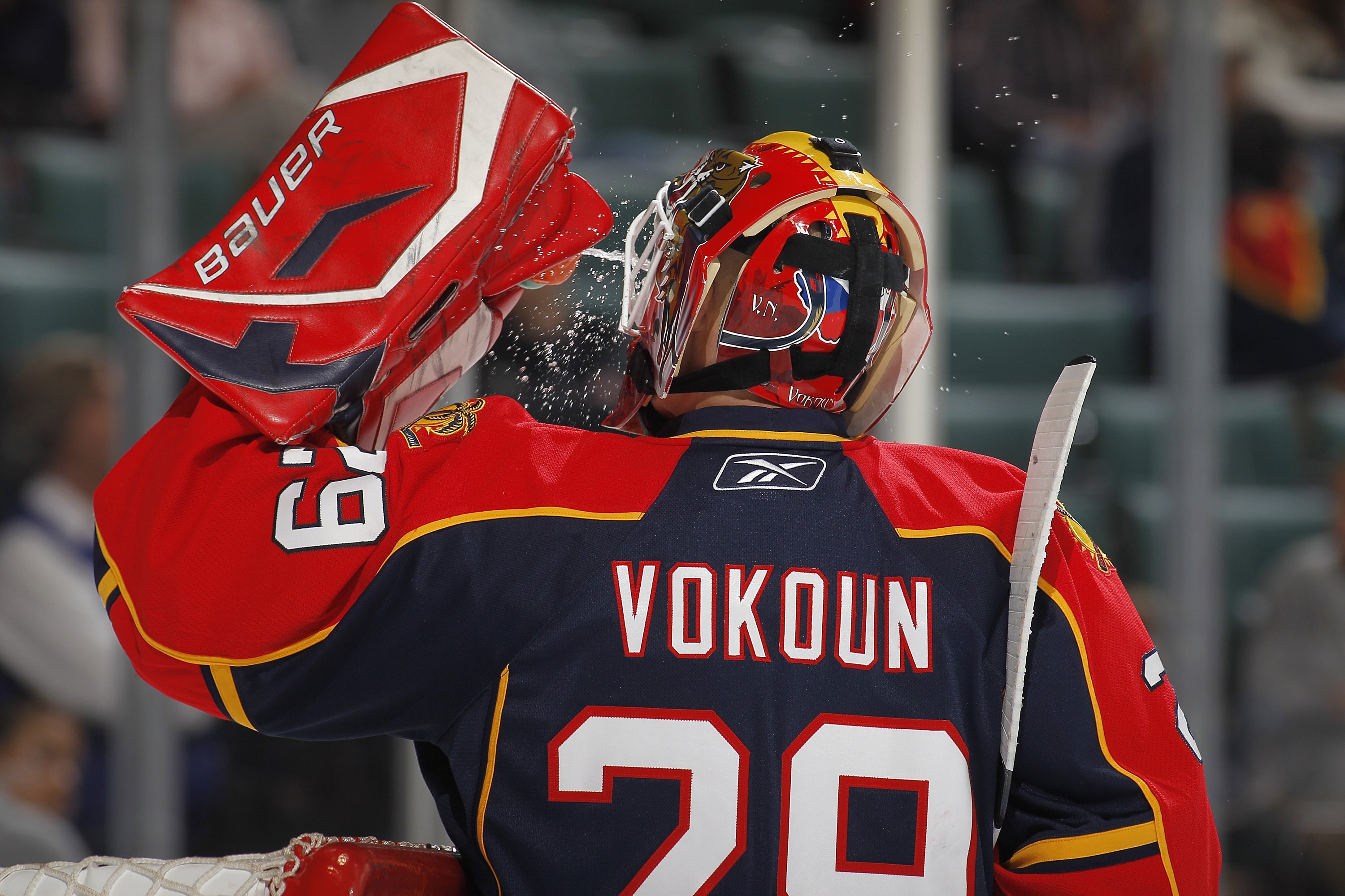 SUNRISE, FL - APRIL 6: Goaltender Tomas Vokoun #29 of the Florida Panthers gets a drink of water during a break in action against the Ottawa Senators on April 6, 2010 at the BankAtlantic Center in Sunrise, Florida. The Senators defeated the Panthers 5-2.