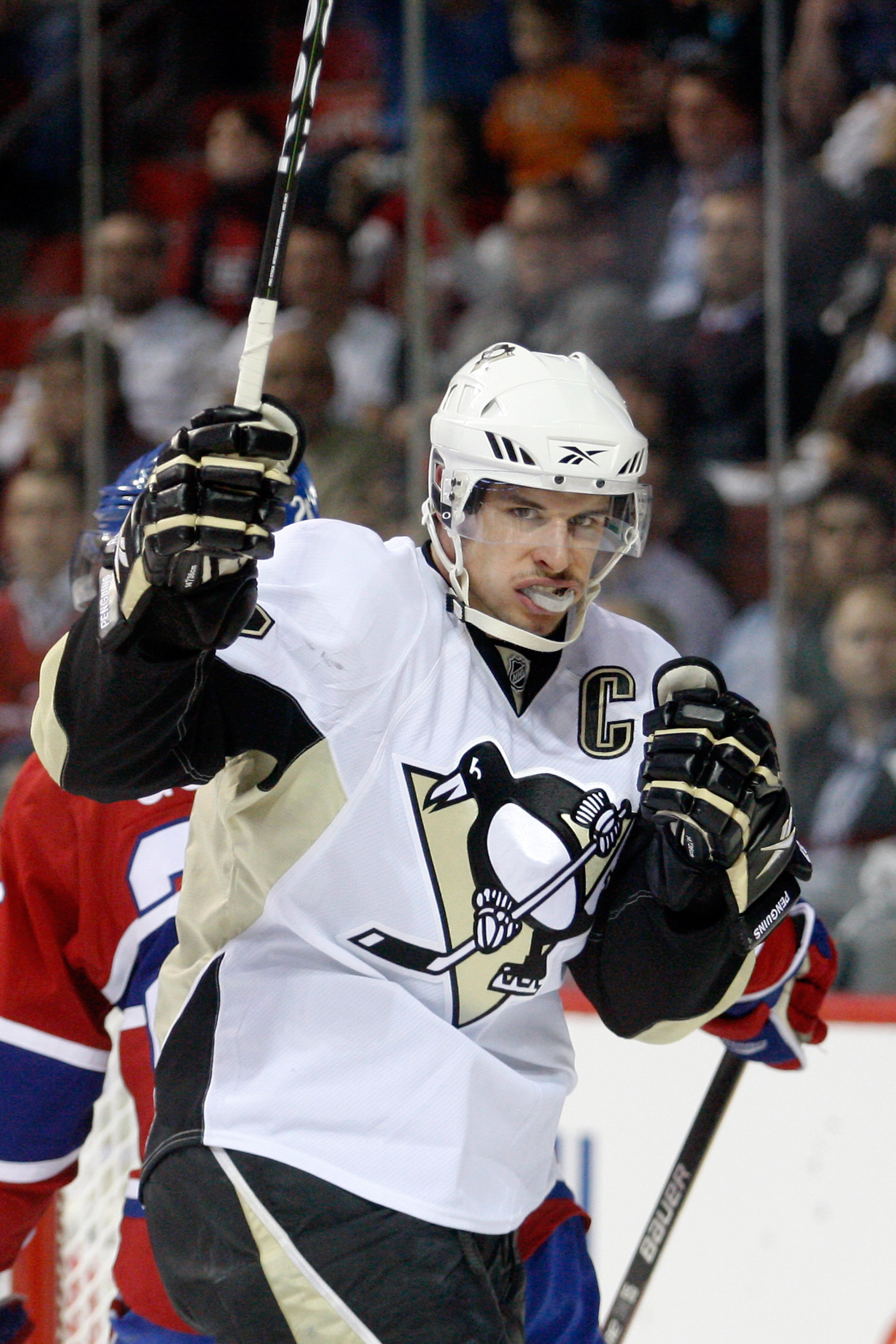 MONTREAL- MAY 10:  Sidney Crosby #87 of the Pittsburgh Penguins celebrates his first-period goal against the Montreal Canadiens in Game Six of the Eastern Conference Semifinals during the 2010 NHL Stanley Cup Playoffs at the Bell Centre on May 10, 2010 in