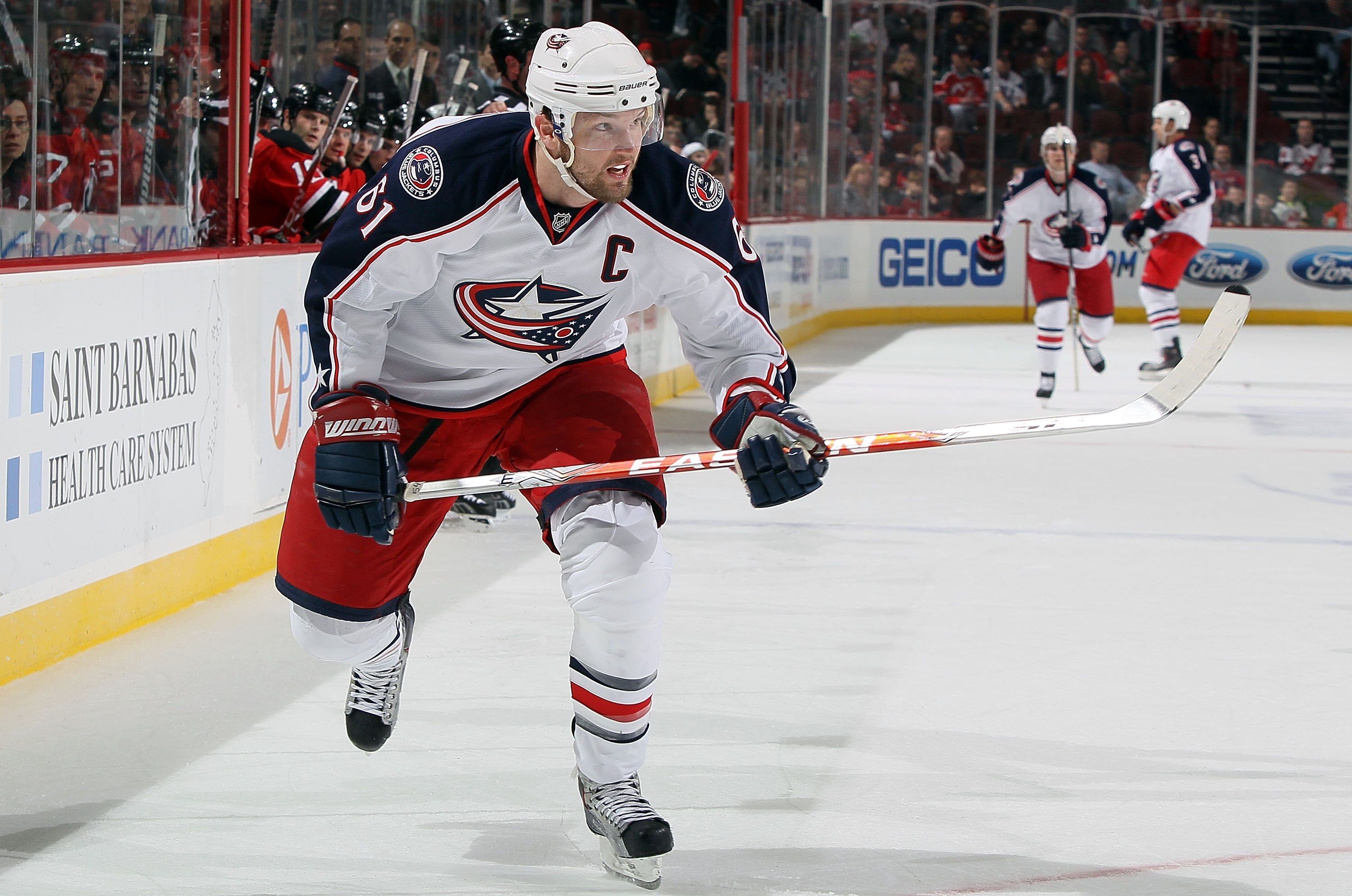 NEWARK, NJ - MARCH 23:  Rick Nash #61 of the Columbus Blue Jackets skates against the New Jersey Devils at the Prudential Center on March 23, 2010 in Newark, New Jersey. The Devils defeated the Blue Jackets 6-3.  (Photo by Jim McIsaac/Getty Images)