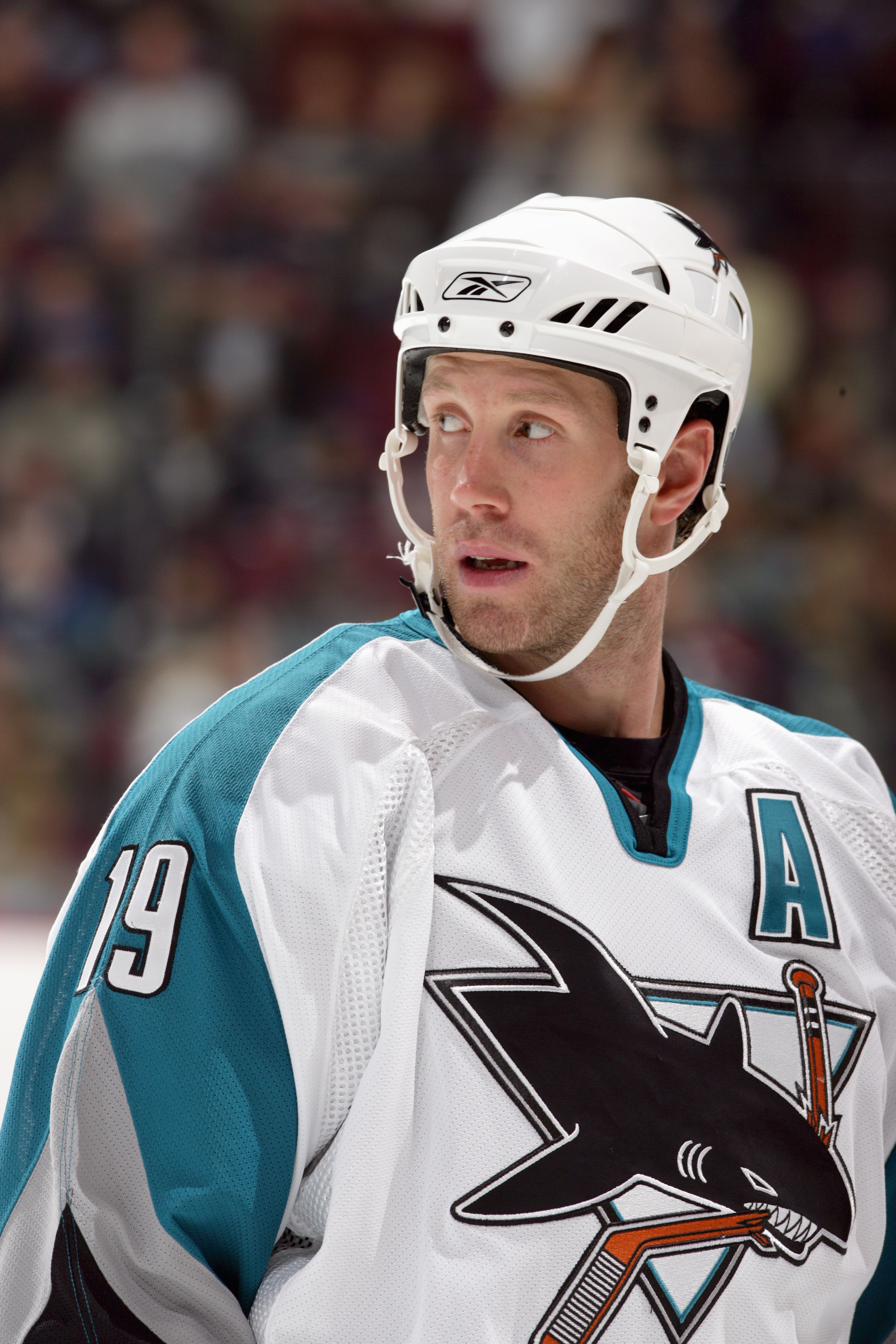 VANCOUVER, CANADA - OCTOBER 13: Joe Thronton #19 of the San Jose Sharks look on during the game against the Vancouver Canucks at General Motors Place on October 13, 2006 in Vancouver, Canada.  San Jose defeated Vancouver 6-4. (Photo by Jeff Vinnick/Getty 