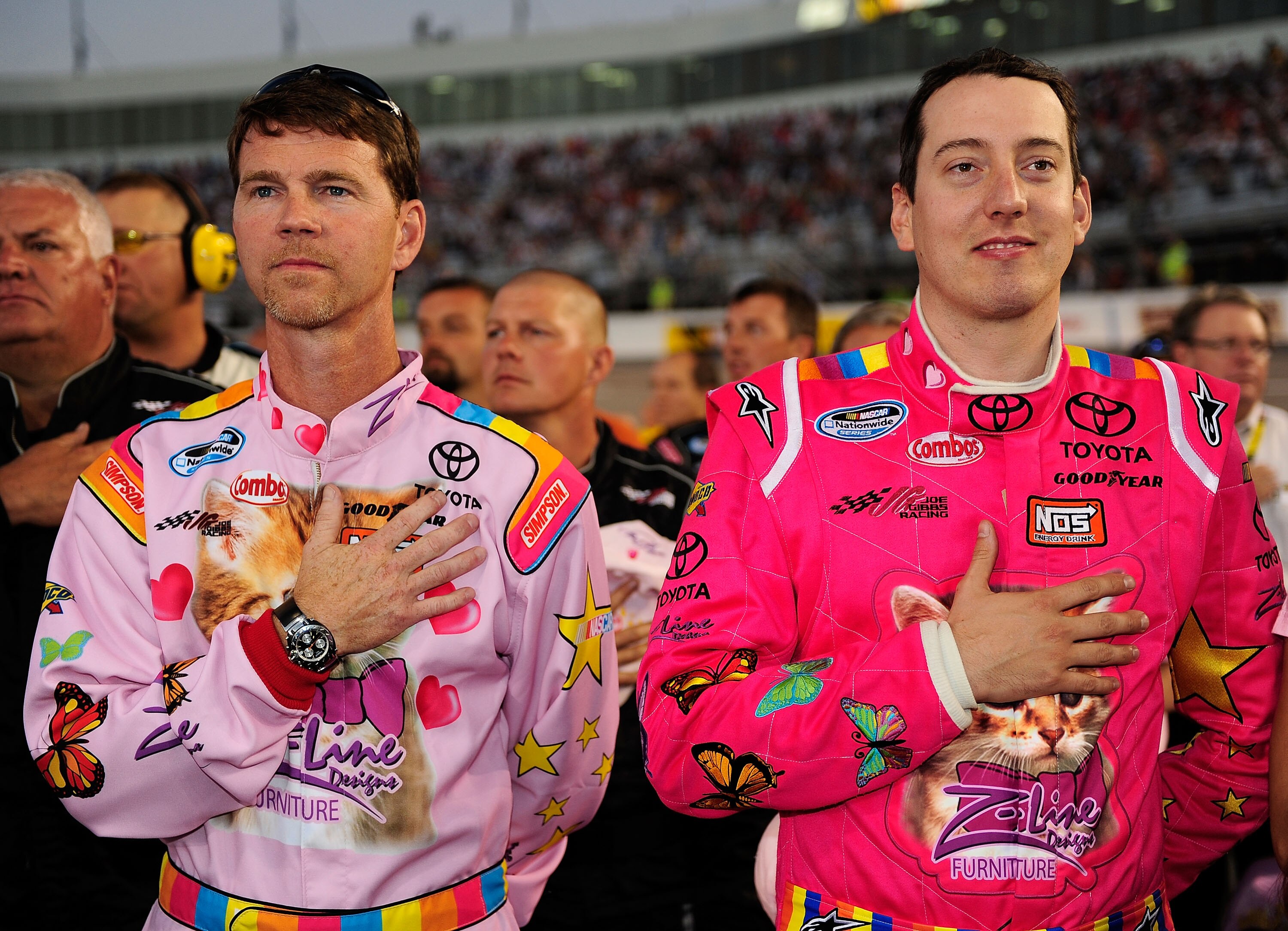 RICHMOND, VA - SEPTEMBER 10:  Kyle Busch (R), driver of the #18 Toyota Kimmy/Z-Line Designs Toyota, and crew chief Jason Ratcliff stand on the grid prior to the NASCAR Nationwide Series Virginia 529 College Savings 250 at Richmond International Raceway on