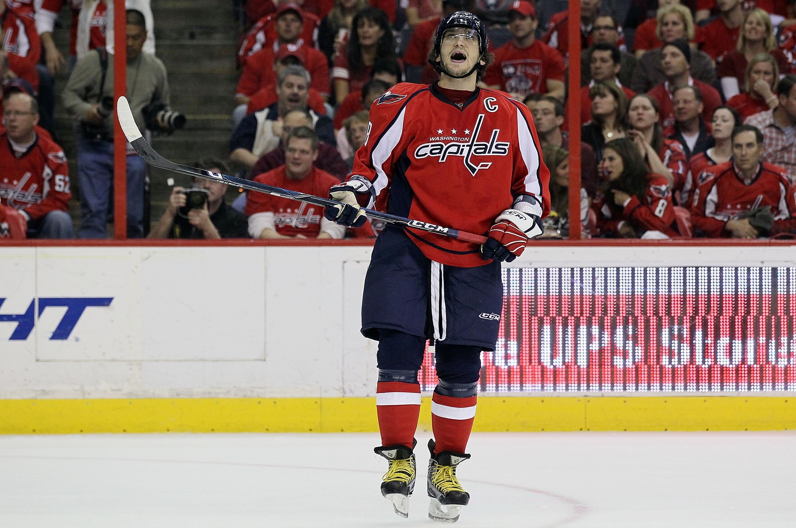 WASHINGTON DC, DC - APRIL 23:  Alex Ovechkin #8 of the Washington Capitals reacts after missing a scoring chance in the third period against the Montreal Canadiens in Game Five of the Eastern Conference Quarterfinals during the 2010 NHL Stanley Cup Playof