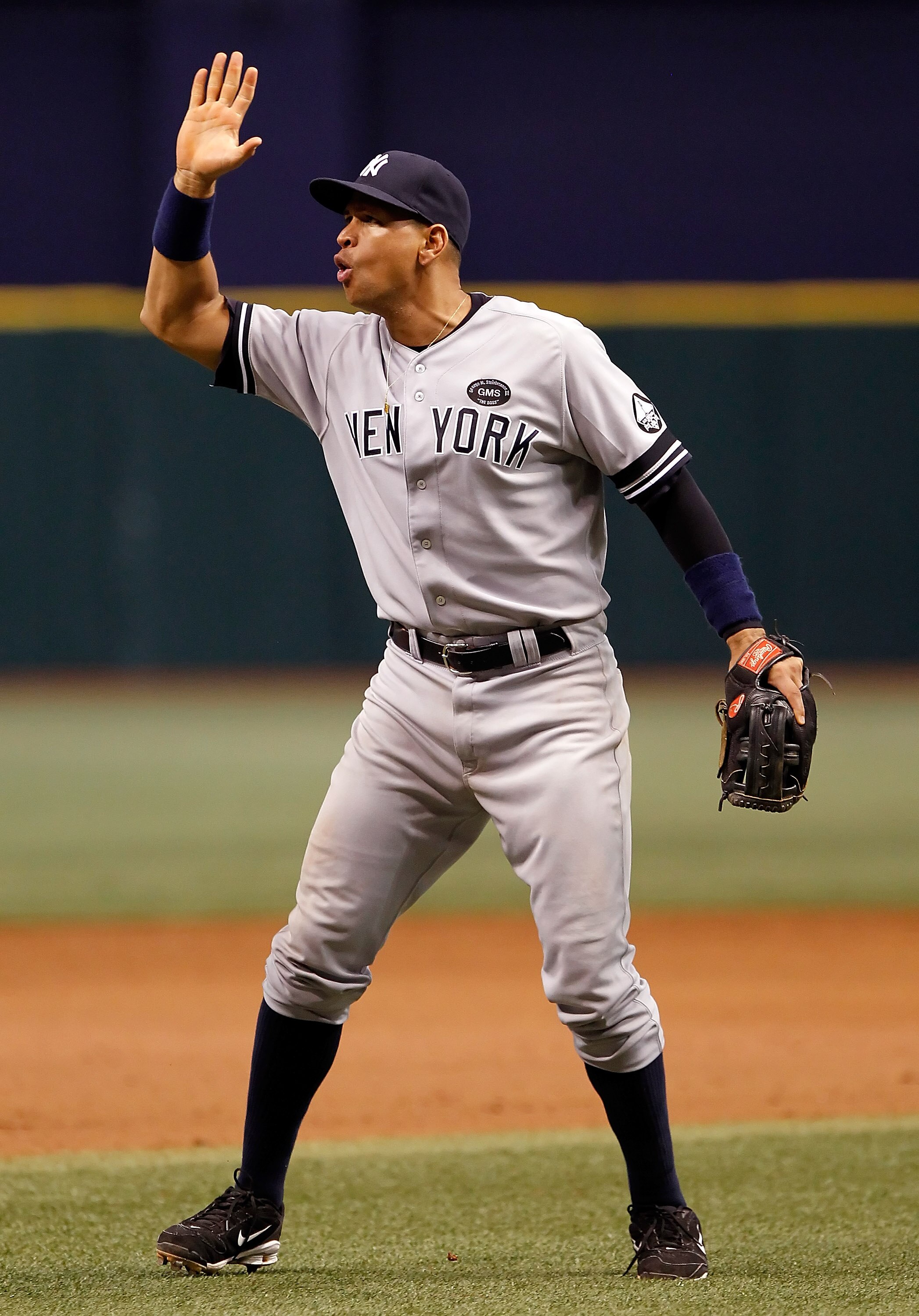 ST PETERSBURG, FL - SEPTEMBER 14:  Infielder Alex Rodriguez #13 of the New York Yankees celebrates his team's victory over the Tampa Bay Rays at Tropicana Field on September 14, 2010 in St. Petersburg, Florida.  (Photo by J. Meric/Getty Images)