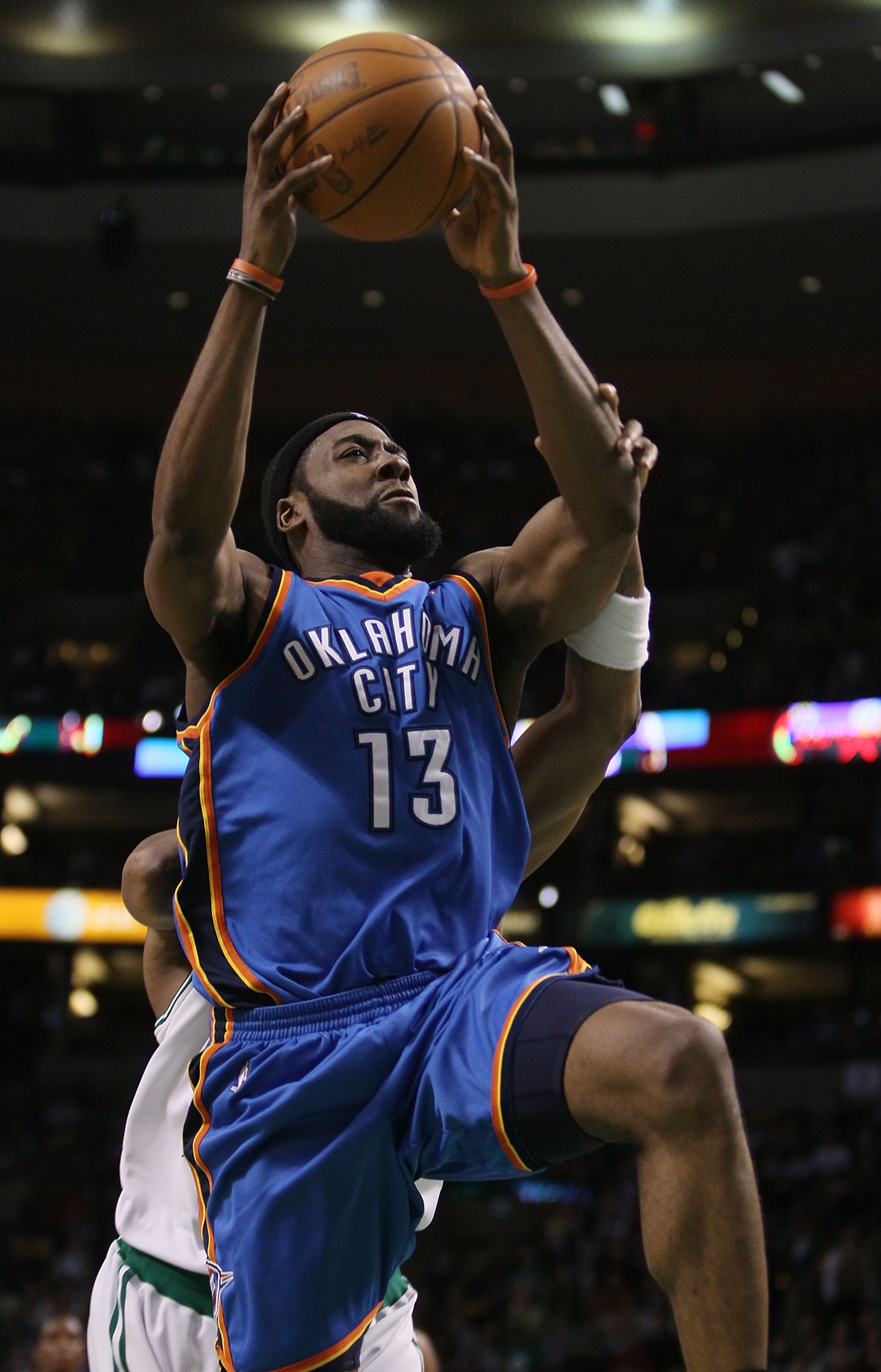 BOSTON - MARCH 31: James Harden #13 of the Oklahoma City Thunder heads for the net in the fourth quarter against the Boston Celtics on March 31, 2010 at the TD Garden in Boston, Massachusetts. The Oklahoma City Thunder defeated the Boston Celtics 109-104 BOSTON - MARCH 31: James Harden #13 of the Oklahoma City Thunder heads for the net in the fourth quarter against the Boston Celtics on March 31, 2010 at the TD Garden in Boston, Massachusetts. The Oklahoma City Thunder defeated the Boston Celtics 109-104