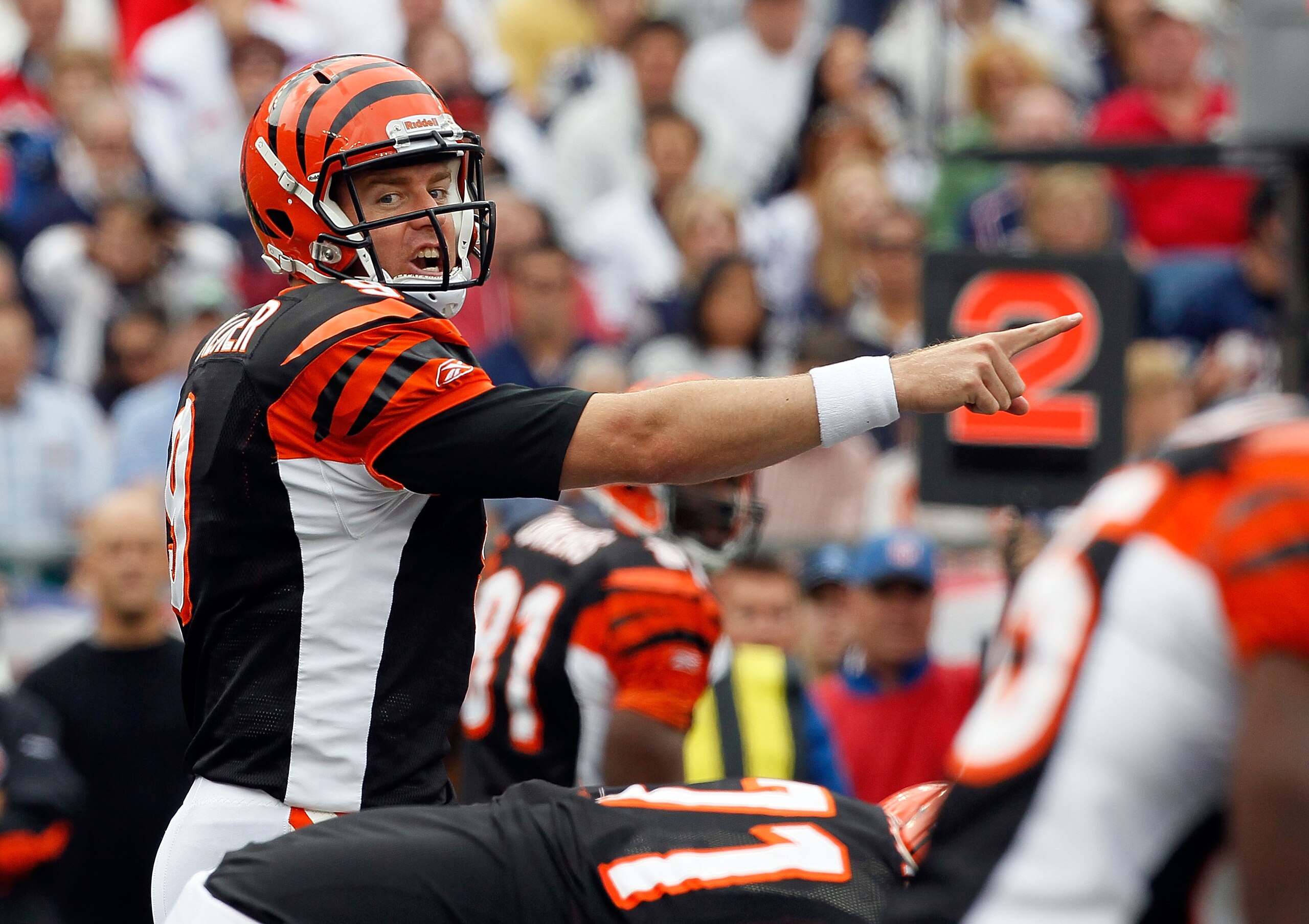 FOXBORO, MA - SEPTEMBER 12: Quarterback Carson Palmer #9 of the Cincinnati Bengals gesttures during the NFL season opener against the New England Patriots at Gillette Stadium on September 12, 2010 in Foxboro, Massachusetts. (Photo by Jim Rogash/Getty Ima FOXBORO, MA - SEPTEMBER 12: Quarterback Carson Palmer #9 of the Cincinnati Bengals gesttures during the NFL season opener against the New England Patriots at Gillette Stadium on September 12, 2010 in Foxboro, Massachusetts. (Photo by Jim Rogash/Getty Ima