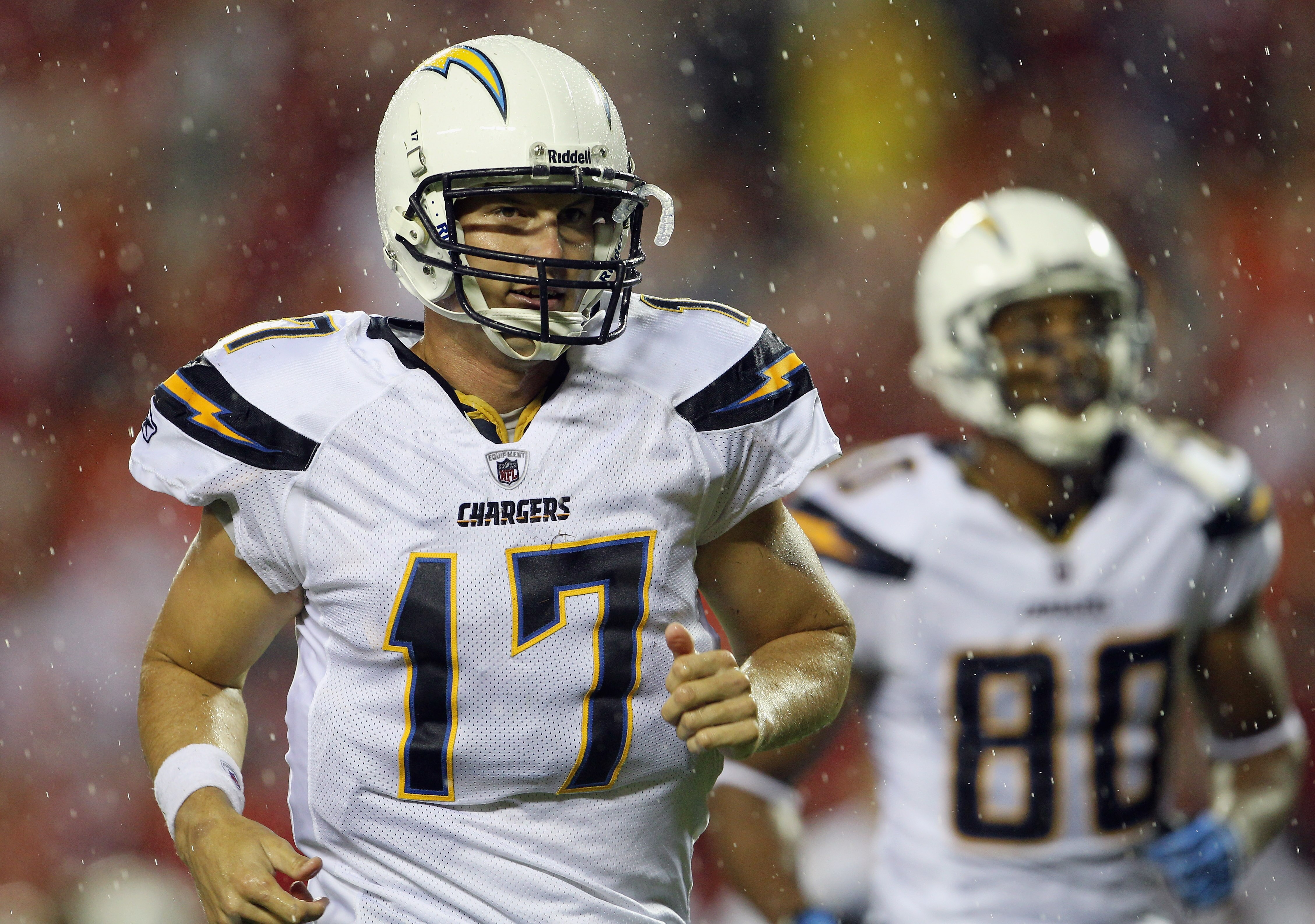 KANSAS CITY, MO - SEPTEMBER 13: Quarterback Philip Rivers #17 of the San Diego Chargers walks off the field at halftime in the rain during the game against the Kansas City Chiefs on September 13, 2010 at Arrowhead Stadium in Kansas City, Missouri. (Phot KANSAS CITY, MO - SEPTEMBER 13: Quarterback Philip Rivers #17 of the San Diego Chargers walks off the field at halftime in the rain during the game against the Kansas City Chiefs on September 13, 2010 at Arrowhead Stadium in Kansas City, Missouri. (Phot