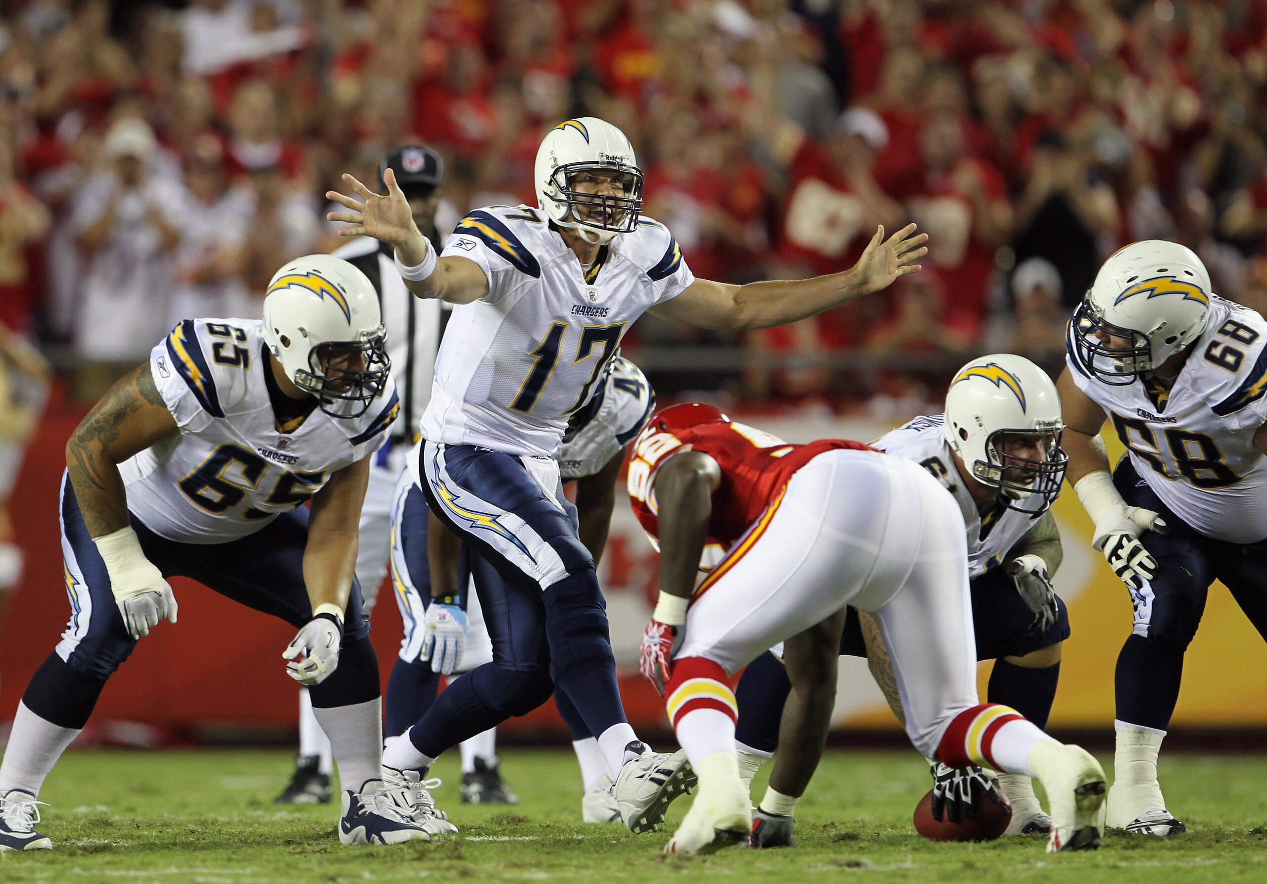 KANSAS CITY, MO - SEPTEMBER 13: Quarterback Philip Rivers #17 of the San Diego Chargers audibles during the 1st quarter of the game against the Kansas City Chiefs on September 13, 2010 at Arrowhead Stadium in Kansas City, Missouri. (Photo by Jamie Squir KANSAS CITY, MO - SEPTEMBER 13: Quarterback Philip Rivers #17 of the San Diego Chargers audibles during the 1st quarter of the game against the Kansas City Chiefs on September 13, 2010 at Arrowhead Stadium in Kansas City, Missouri. (Photo by Jamie Squir